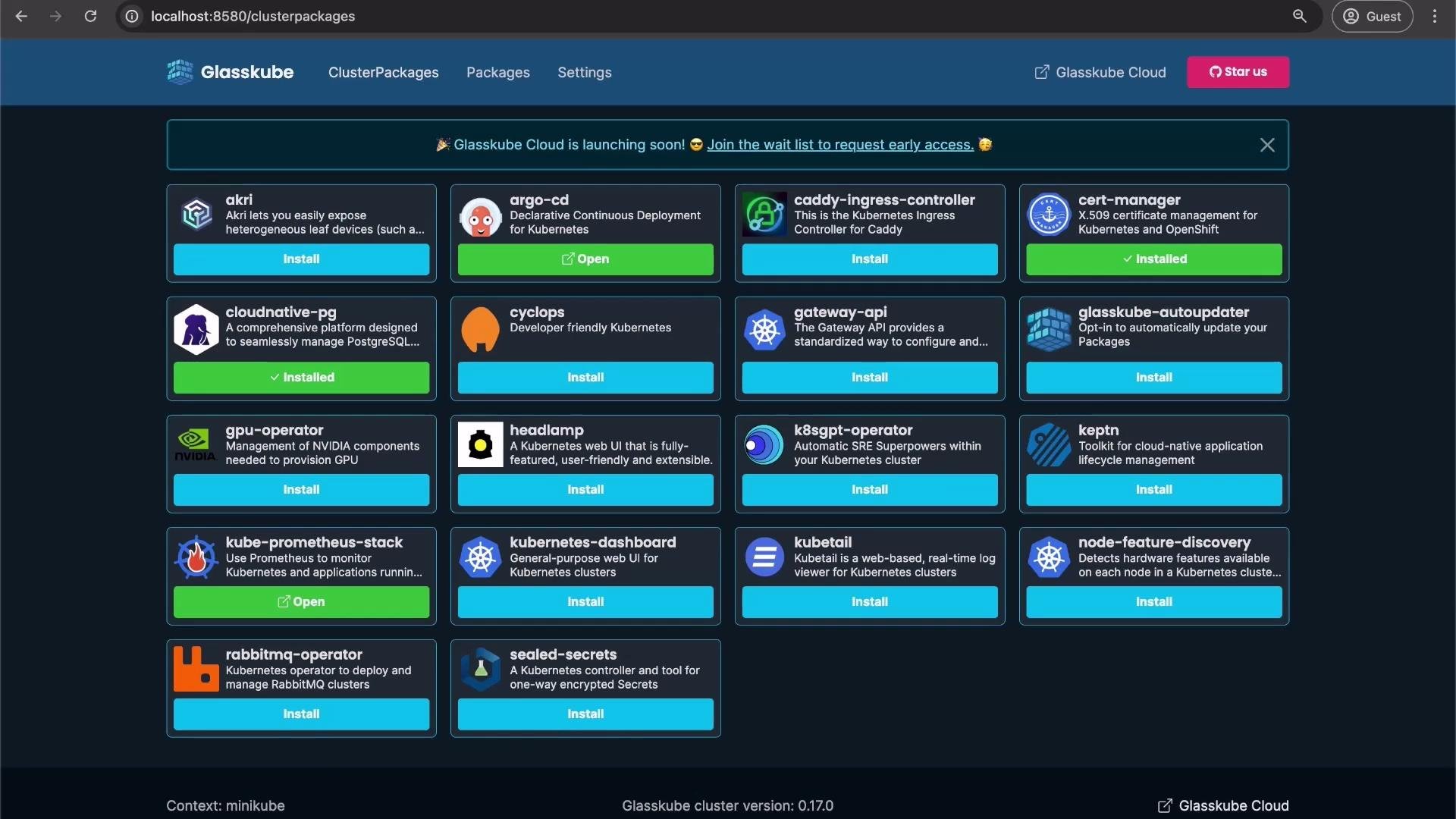The image shows a user interface for Glasskube, displaying various Kubernetes-related packages available for installation, some of which are already installed.