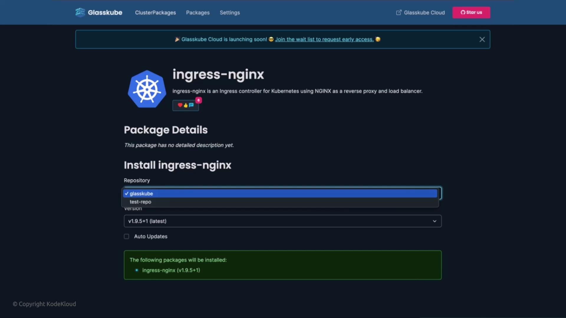 The image shows a webpage interface for installing "ingress-nginx," an Ingress controller for Kubernetes using NGINX. It includes options to select a repository and version for installation.
