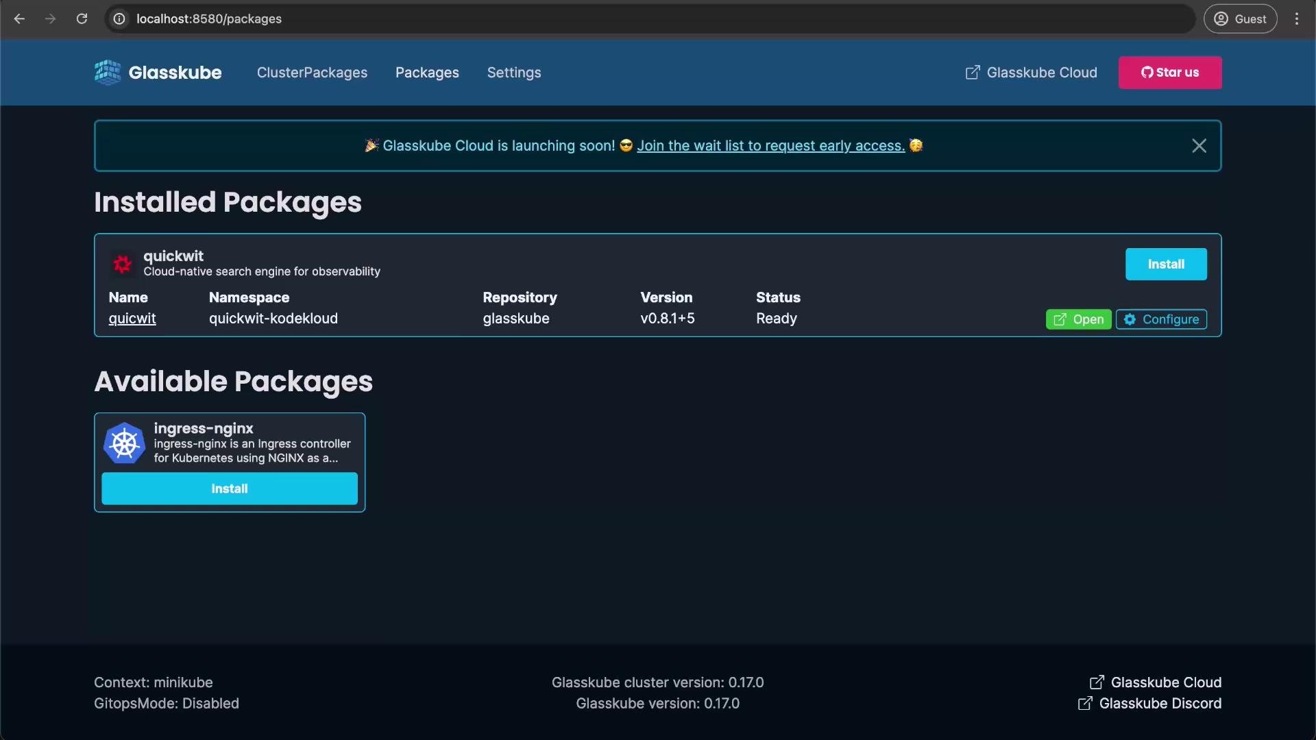 The image shows a Glasskube interface displaying installed and available packages, with quickwit installed and ingress-nginx available for installation.