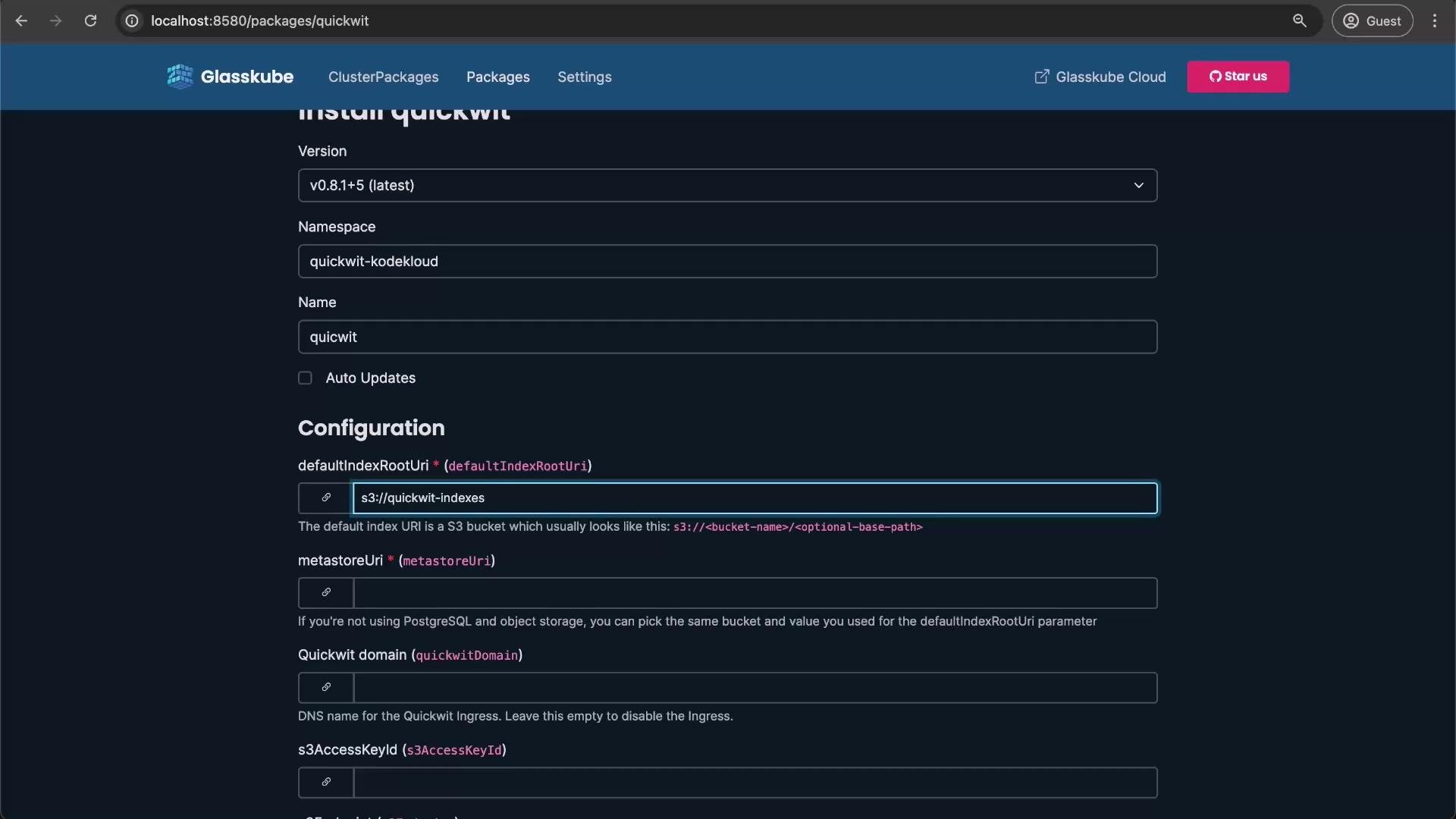 This image appears to show a dashboard interface for installing "quickwit" with configuration options, such as version selection, namespace, name, and several URI fields. It includes a section for configuring default index and metastore URIs among other settings.