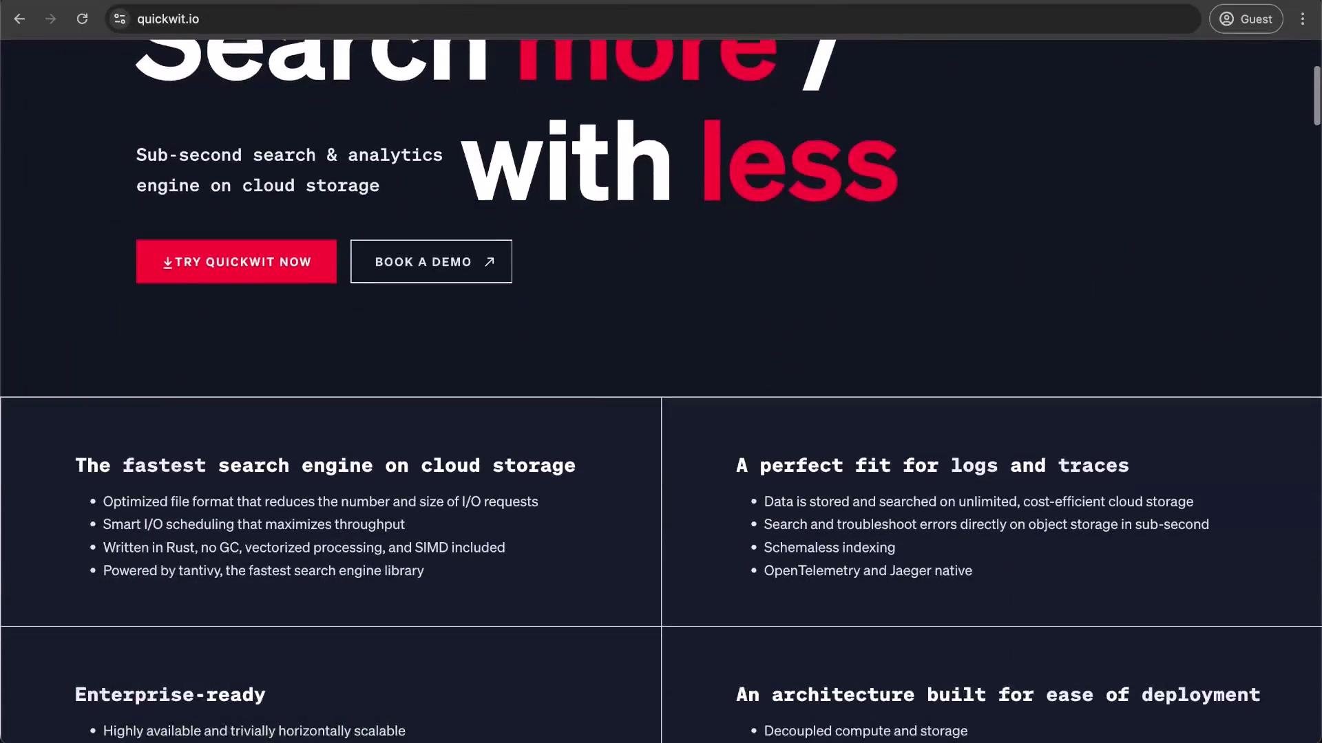 This image shows the homepage of quickwit.io, highlighting features of a search and analytics engine on cloud storage, with options to try it and book a demo.