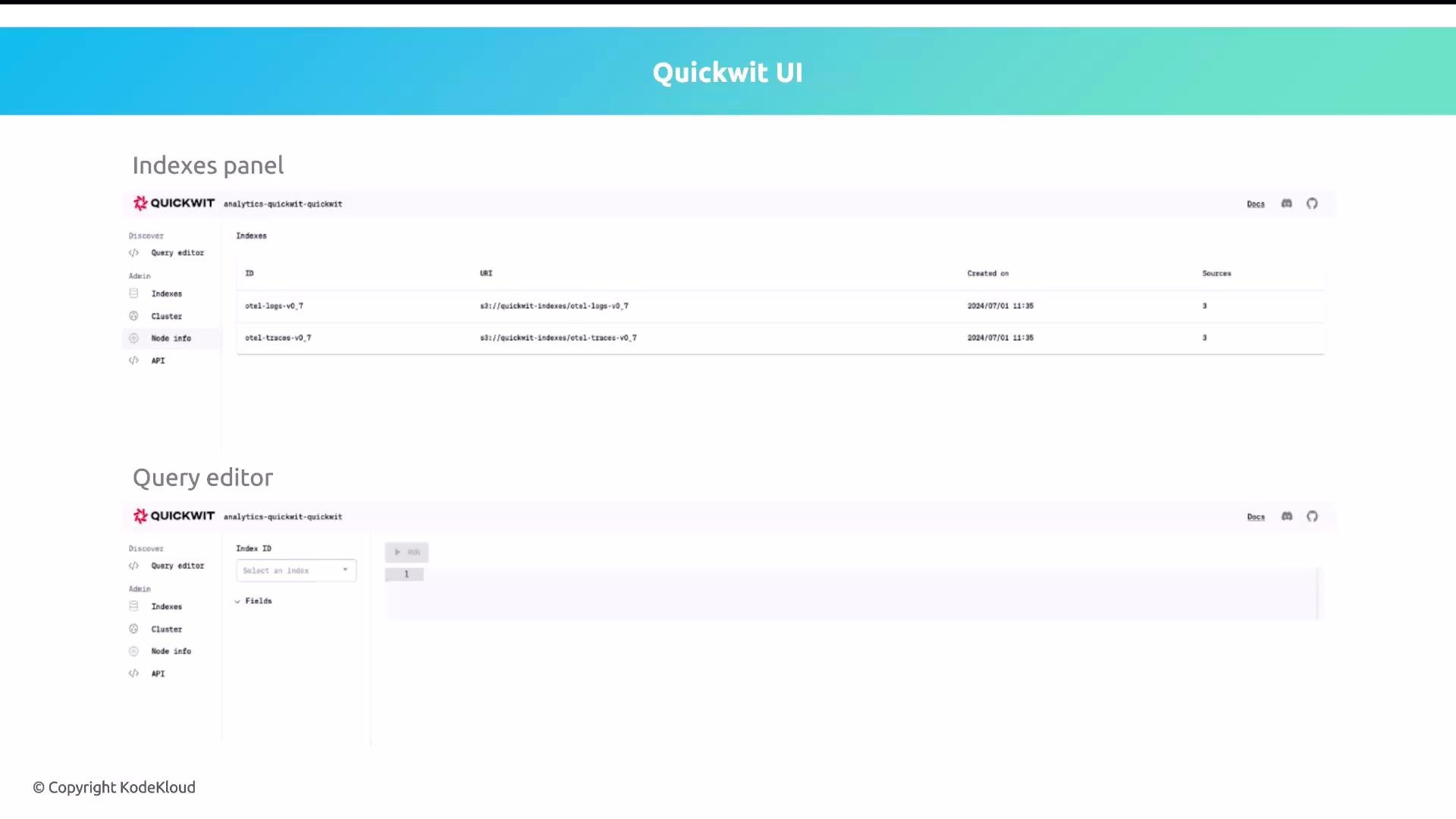 The image shows a screenshot of the Quickwit UI featuring an "Indexes panel" with a list of indexes and a "Query editor" section for selecting and querying indexes.