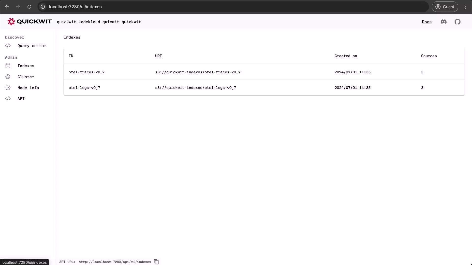 The image shows a Quickwit UI interface displaying a table with two index entries, each with an ID, URI, creation date, and source count. The sidebar offers navigation options such as Query editor, Indexes, Cluster, Node info, and API.