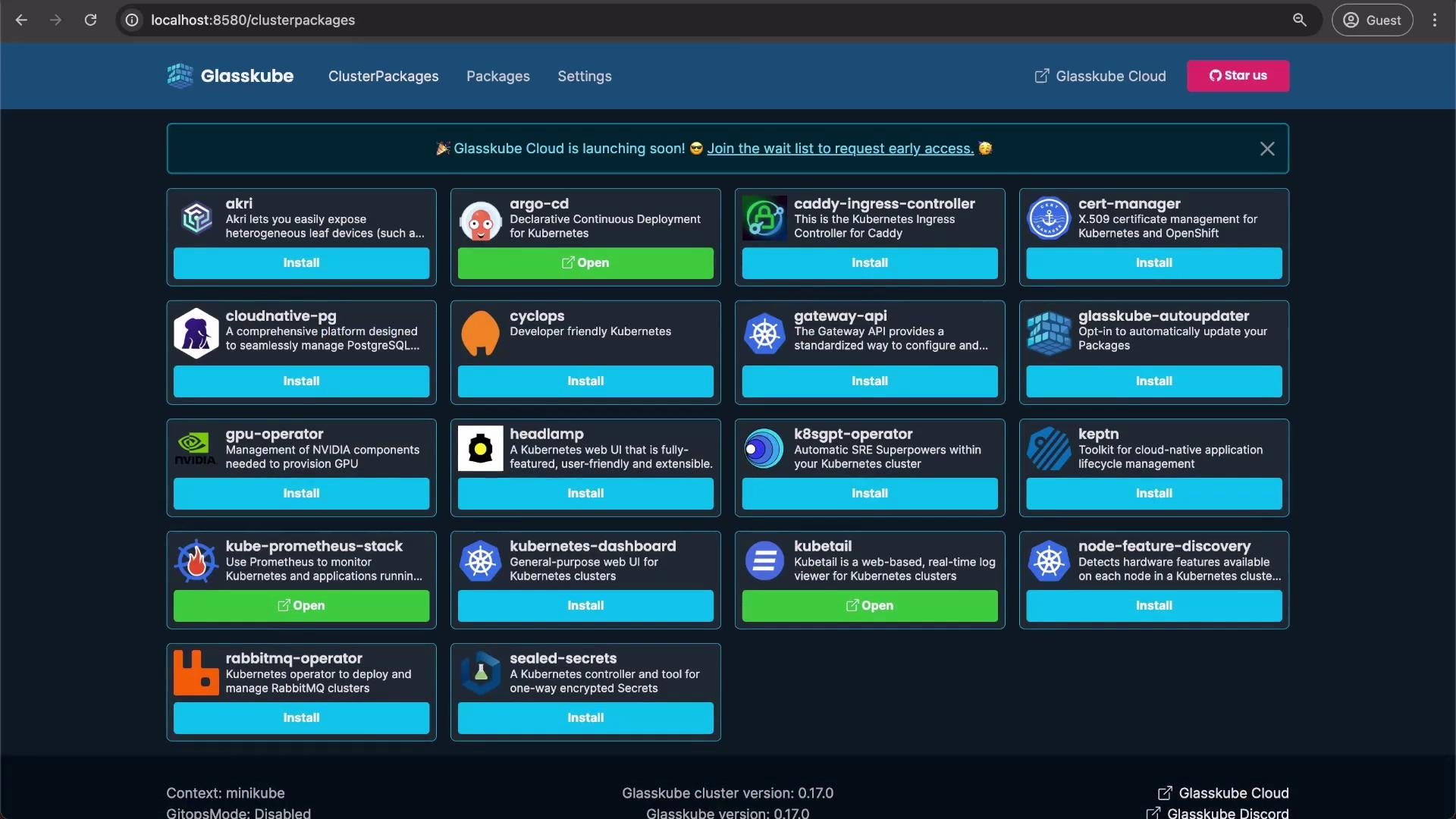 The image shows a user interface for a software platform called Glasskube, featuring a grid of Kubernetes-related packages available for installation or opening. There are options like Argo CD, cert-manager, and Kubernetes dashboard.