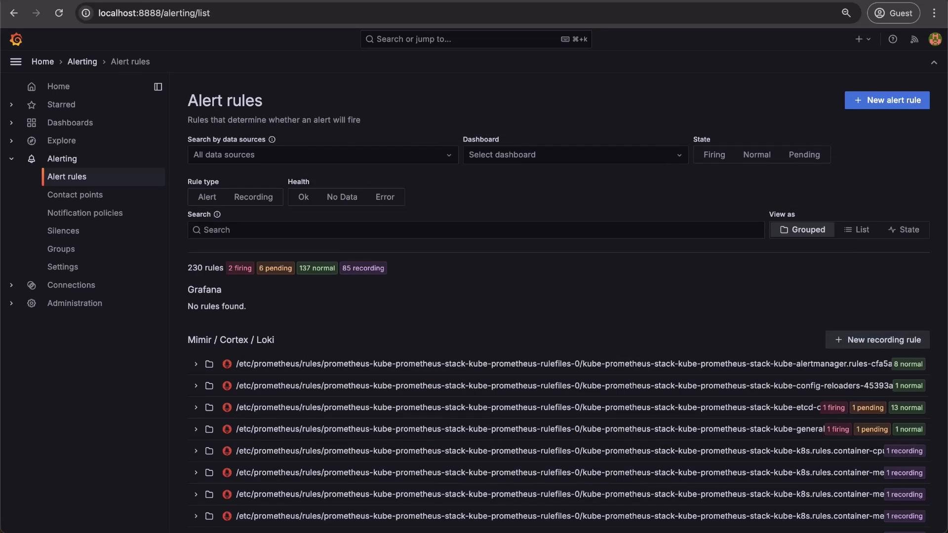 The image shows the alert rules dashboard in a monitoring application, displaying a list of alert rules and their statuses, such as "firing" and "normal." The interface includes options to create new alert or recording rules.