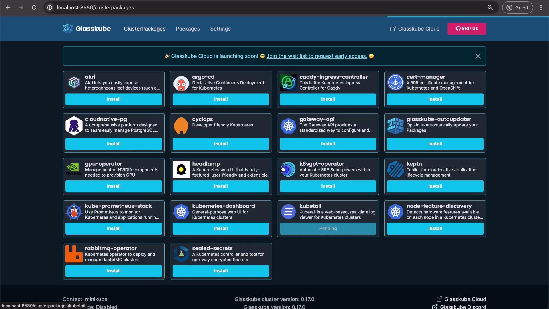 The image shows a web interface for Glasskube, listing various Kubernetes-related packages available for installation, such as "akri," "argo-cd," and "gpu-operator." The interface provides options to install these packages and has a user-friendly design with a dark theme.