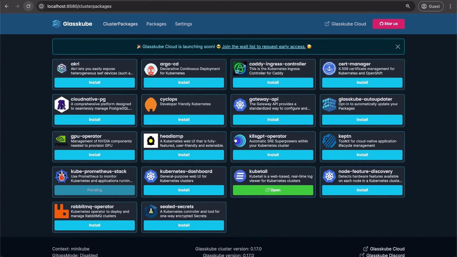 The image shows a web interface for "Glasskube" with a list of software packages related to Kubernetes, each accompanied by an "Install" button. There's also a notification about Glasskube Cloud launching, encouraging users to join the waitlist for early access.