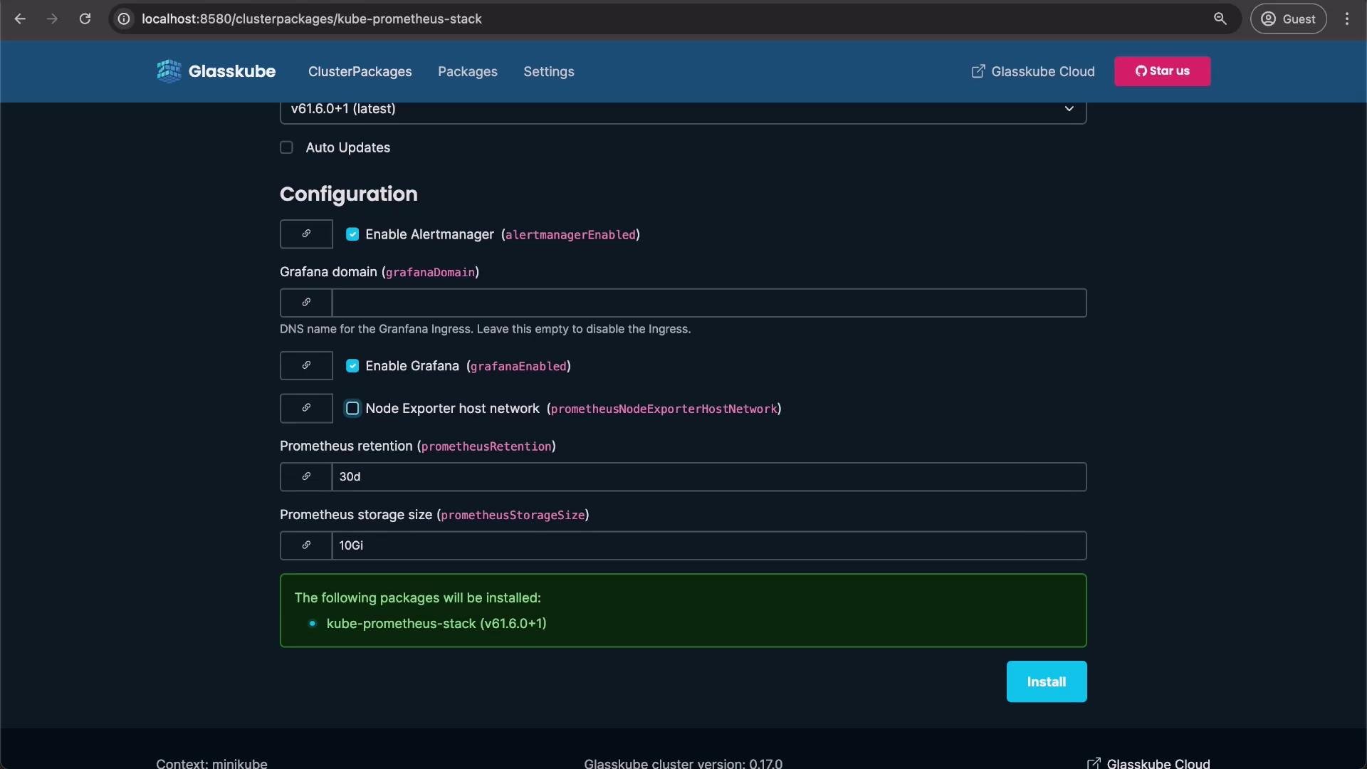 The image displays a software interface for configuring the "kube-prometheus-stack" in Glasskube. Options like enabling Alertmanager, Grafana, and setting Prometheus retention and storage size are visible.