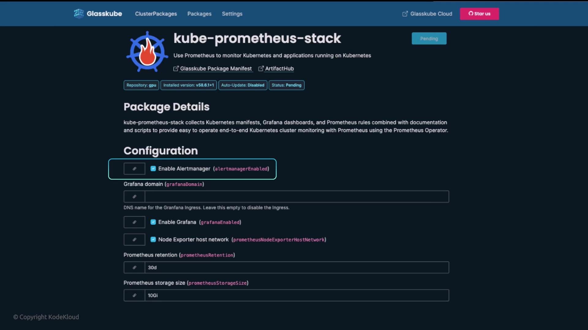 The image shows a user interface for configuring the "kube-prometheus-stack" package on Glasskube, detailing options for enabling features like Alertmanager and Grafana for Kubernetes monitoring.