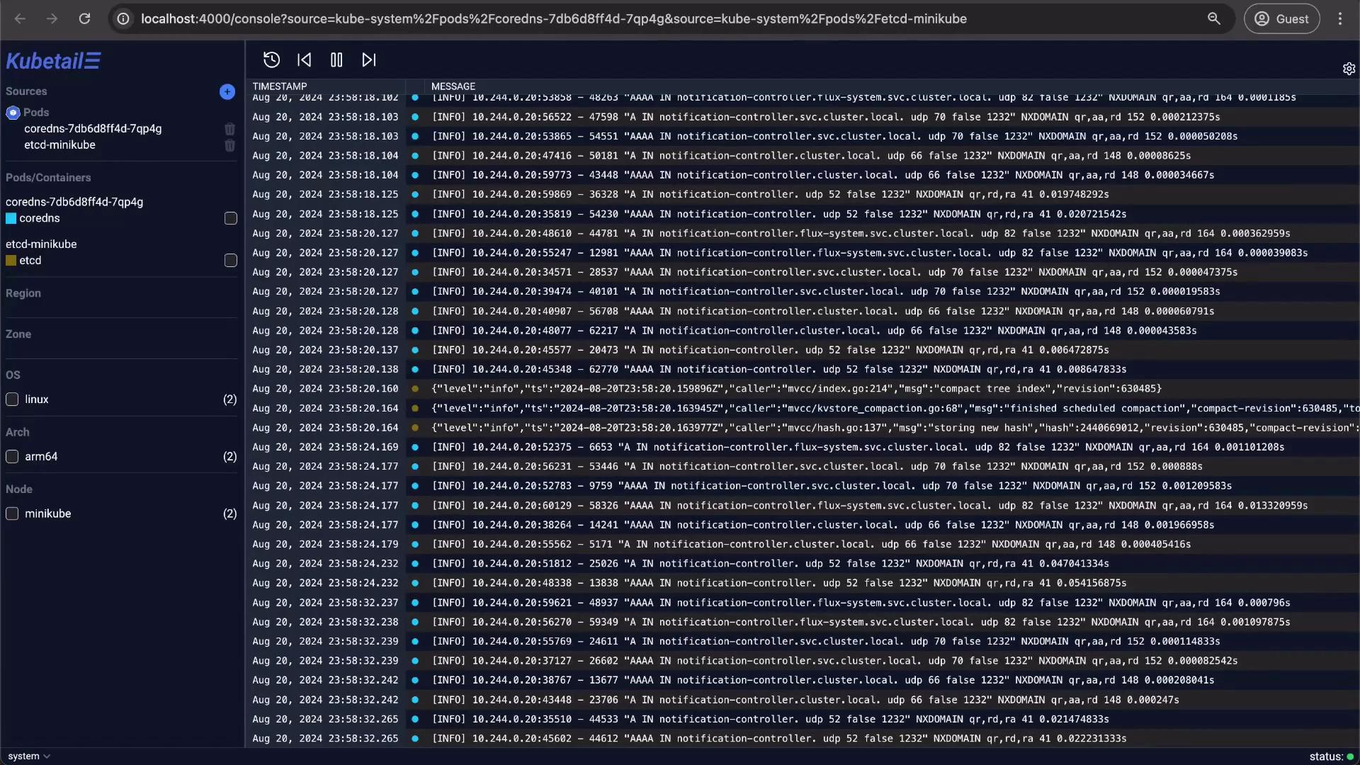 The image is a screenshot of a Kubernetes log viewer, displaying system logs with time stamps, info messages, and network data related to pods. The interface allows filtering based on sources like pods, containers, OS, architecture, and node.