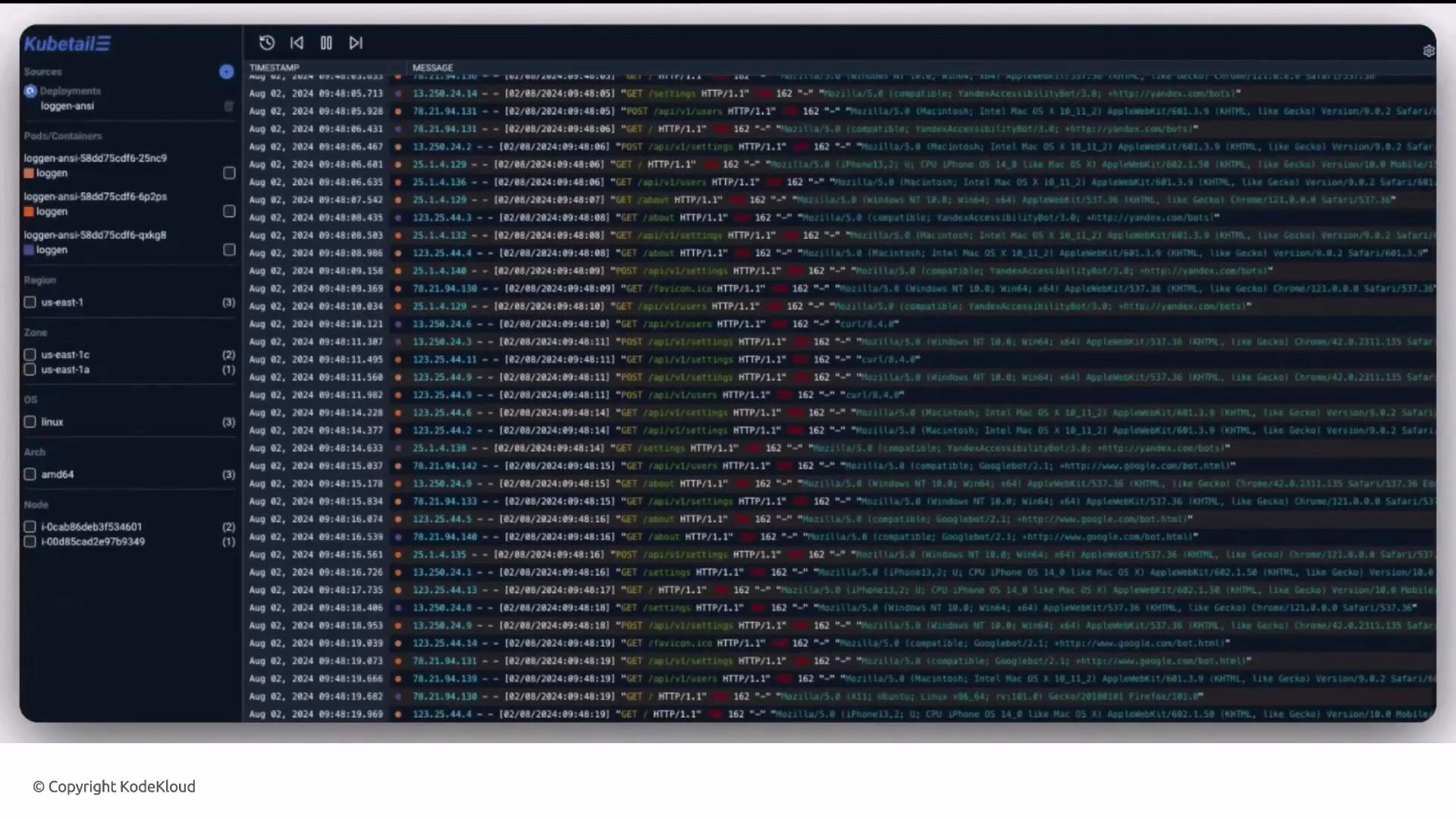 The image shows a dashboard interface of "Kubetail" displaying log entries with timestamps, sources, regions, and HTTP request details. It features filtering options on the left and log data on the right.