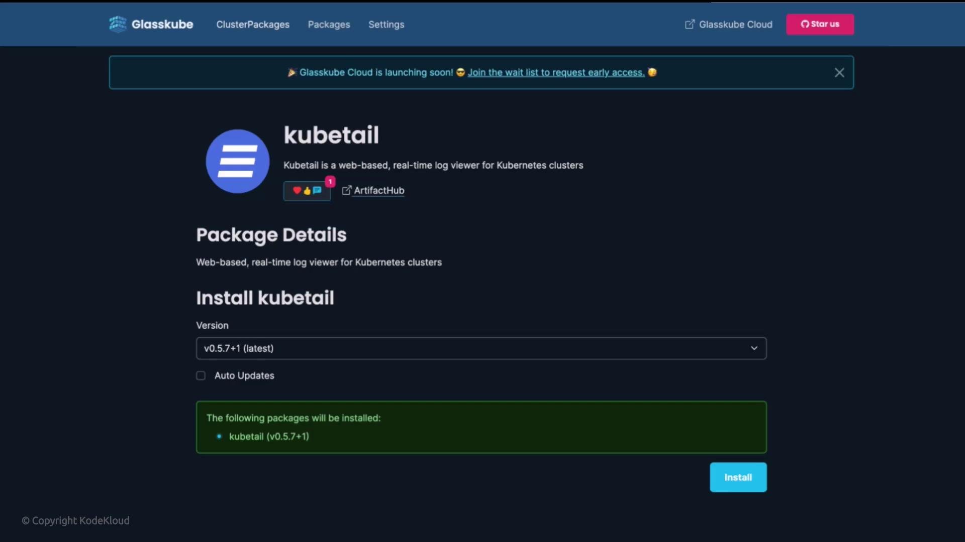 The image shows a webpage for installing "kubetail," a web-based log viewer for Kubernetes clusters. It includes version details and an option to enable auto updates.