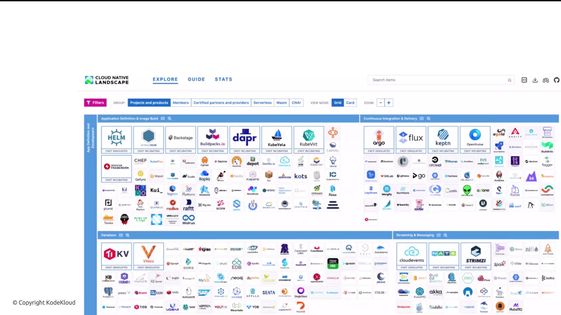 The image shows a section of the Cloud Native Landscape, displaying various projects and products categorized under "Application Definition & Image Build," "Continuous Integration & Delivery," "Database," and "Streaming & Messaging." Each category contains multiple logos representing different tools and platforms.