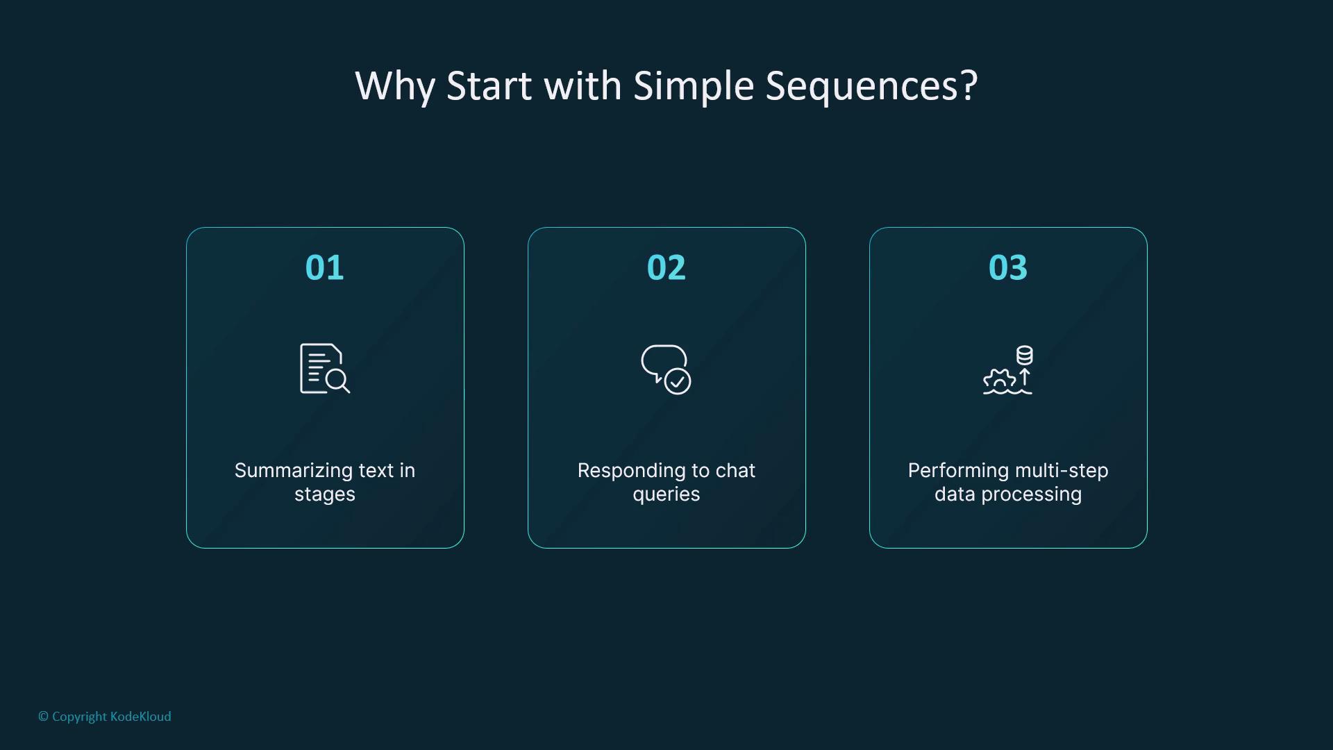 The image lists three reasons for starting with simple sequences: summarizing text in stages, responding to chat queries, and performing multi-step data processing.