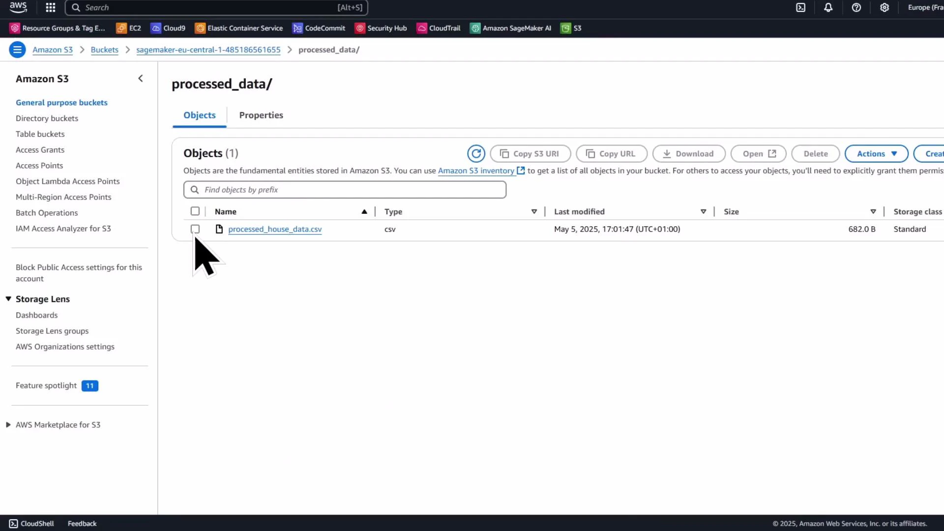 A screenshot of the Amazon S3 web console showing the "processed_data/" folder with a single object: "processed_house_data.csv". The file entry shows type CSV, last modified timestamp, and file size.