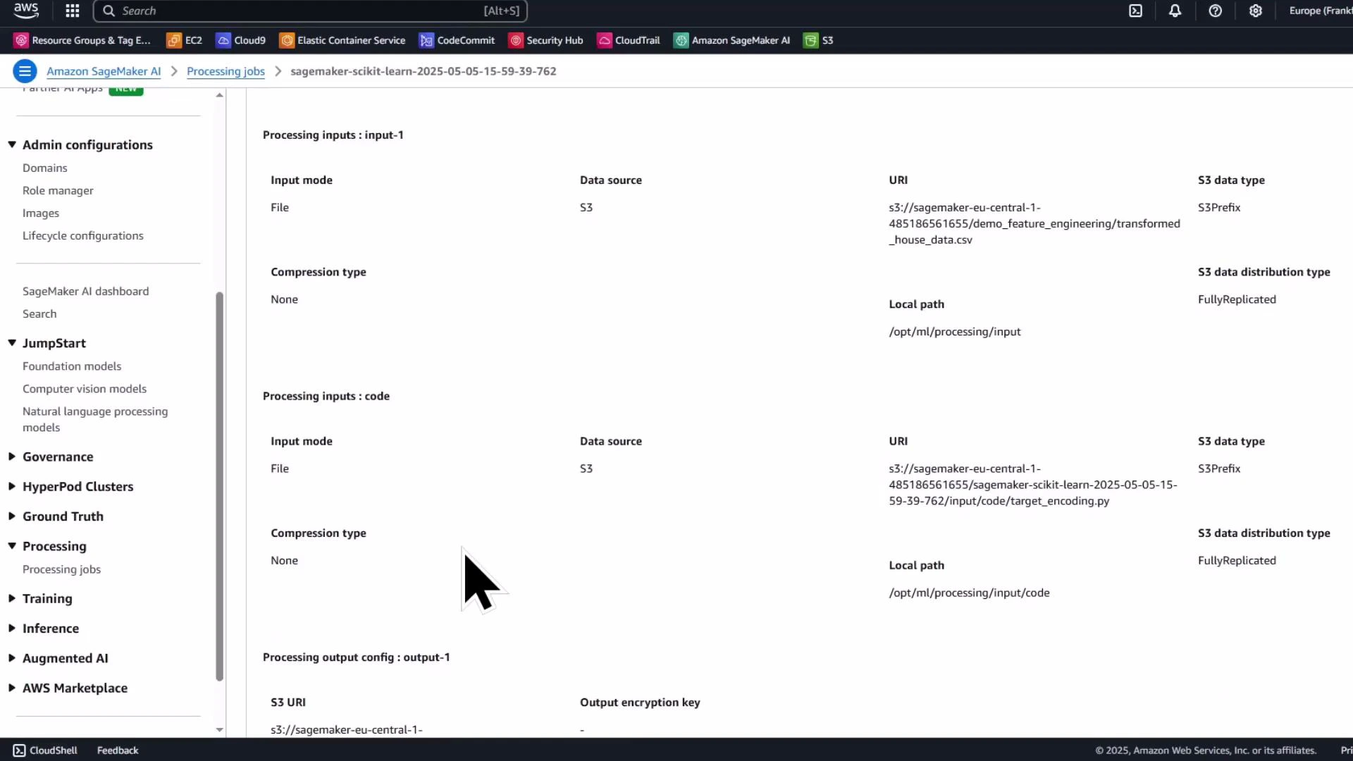 A screenshot of the AWS Management Console (Amazon SageMaker) showing a processing job details page with input/output configuration, S3 URIs, and local paths. The left-hand navigation pane lists SageMaker sections like JumpStart, Processing, Training and other AWS services.
