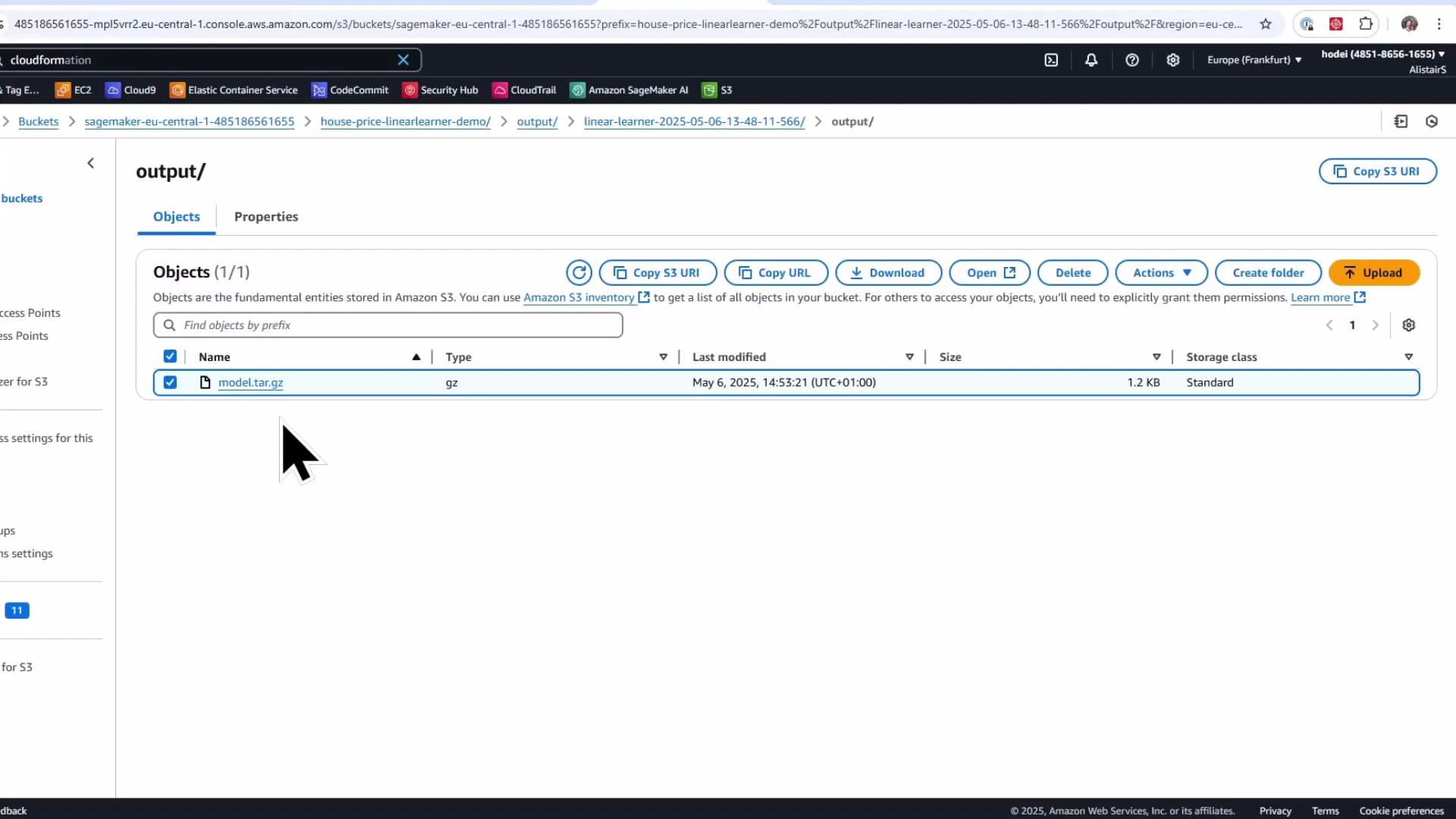 A screenshot of the Amazon S3 web console showing the contents of an "output/" folder. It lists a single object named "model.tar.gz" (1.2 KB) with actions like Copy S3 URI, Download, Open, and Delete.