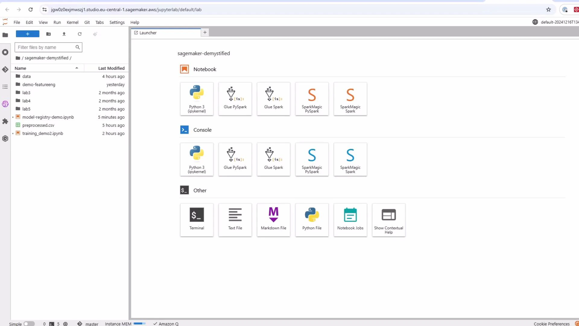 A screenshot of an AWS SageMaker / JupyterLab interface showing a file browser on the left and a Launcher on the right. The Launcher displays notebook, console, and other app icons (Python, Glue/Spark, Terminal, Markdown, etc.).