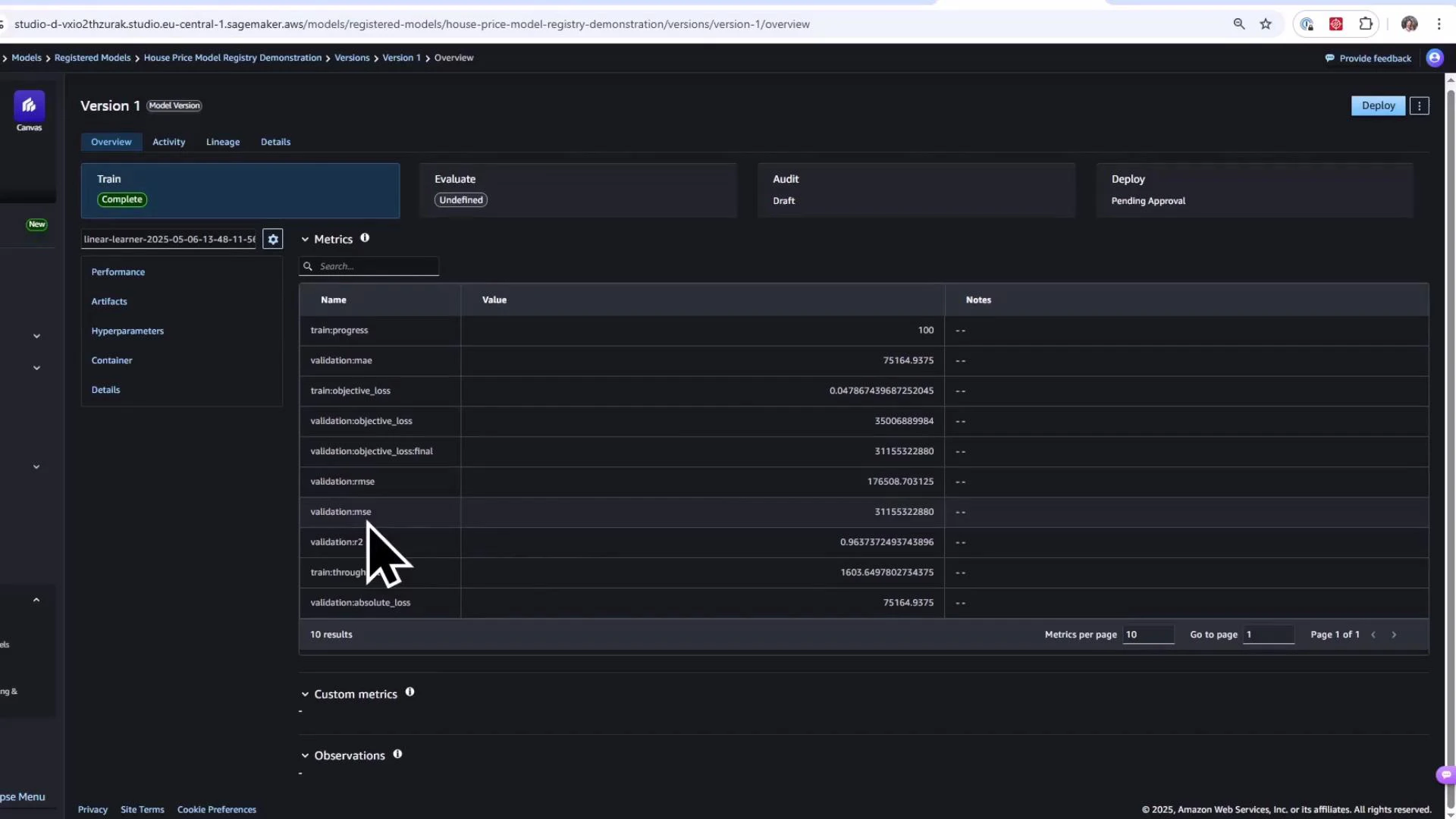 A screenshot of the Amazon SageMaker Model Registry "Version 1" overview showing a model training status and tabs for Overview/Activity/Lineage. The main panel displays a metrics table with entries like validation:mae, validation:mse, validation:r2 and their numeric values.