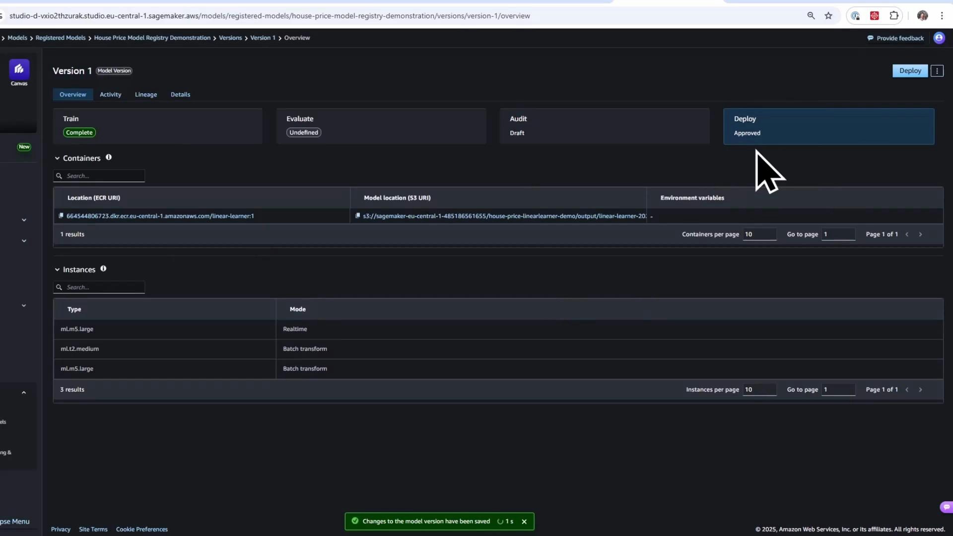 Screenshot of the Amazon SageMaker Studio model version overview for a "House Price" model, showing container locations and available instance types. A "Deploy — Approved" panel is highlighted with a large cursor over the Deploy button.