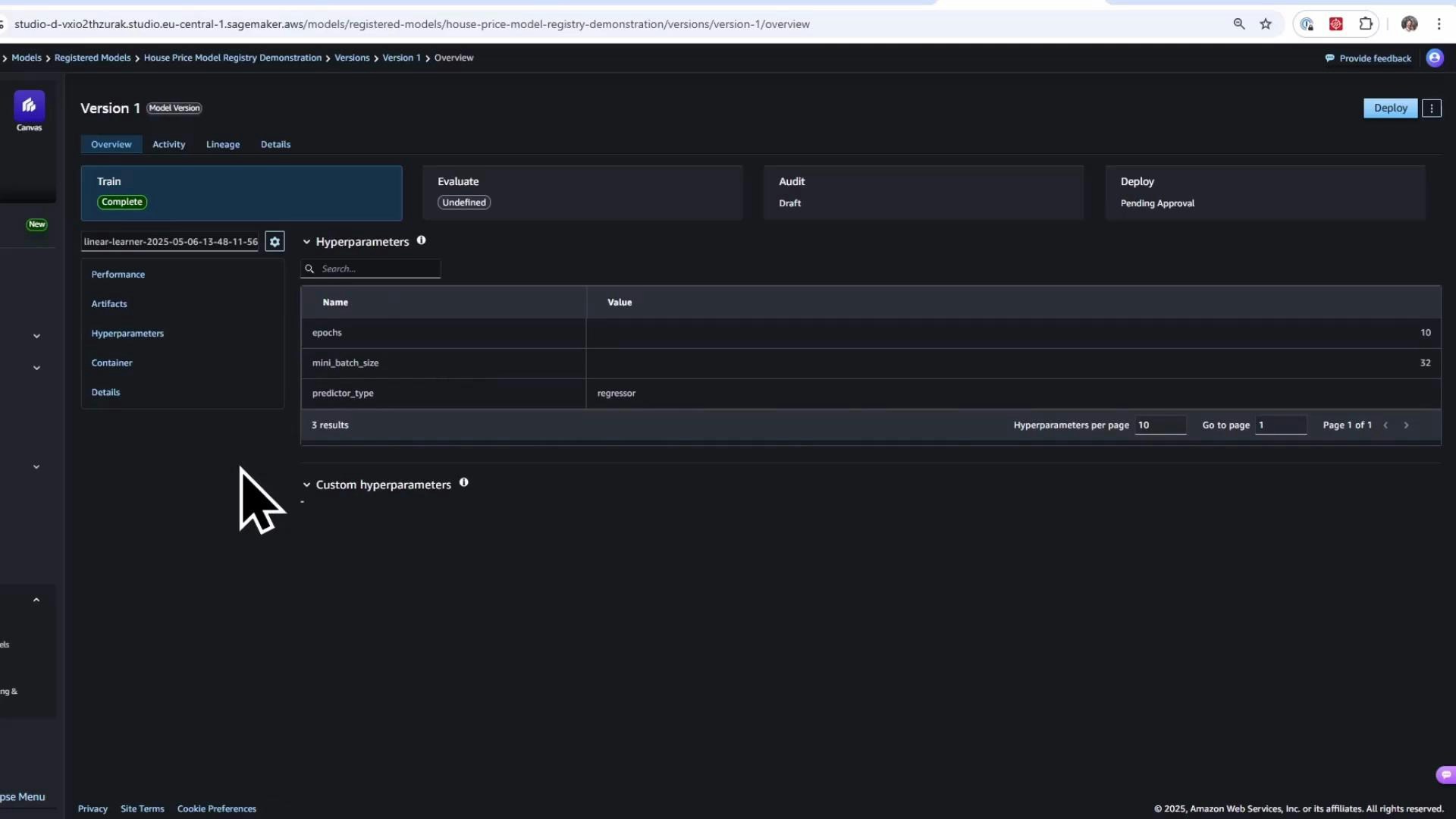 A screenshot of an AWS SageMaker Studio model version overview displaying hyperparameters (epochs = 10, mini_batch_size = 32, predictor_type = regressor) with Training marked "Complete" and Deploy "Pending Approval." The left sidebar shows navigation items (Performance, Artifacts, Hyperparameters) and a large mouse cursor is visible.