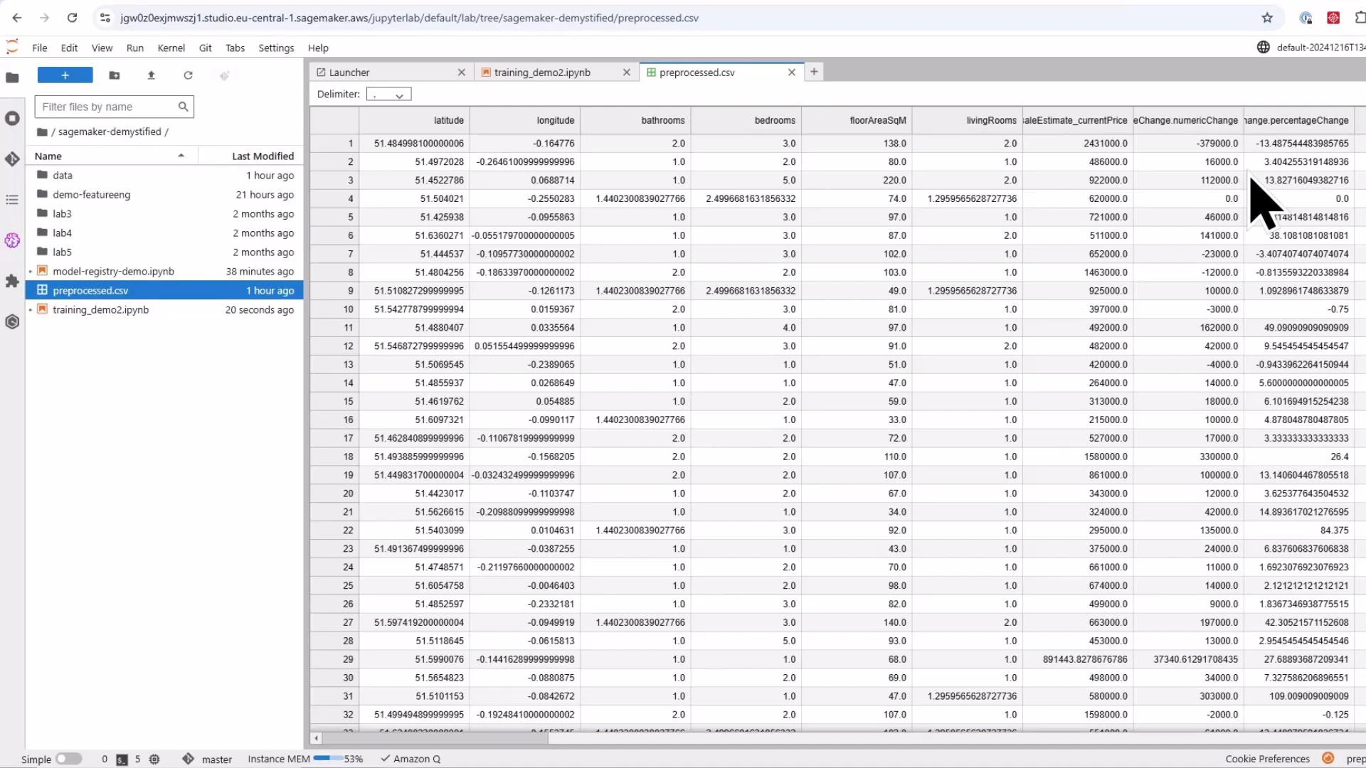 Screenshot of a JupyterLab/SageMaker workspace showing a CSV file (preprocessed.csv) preview with a left file browser and a large table of property data columns like latitude, longitude, bathrooms, bedrooms, floorAreaSqM and price. A mouse cursor highlights one of the cells in the table.