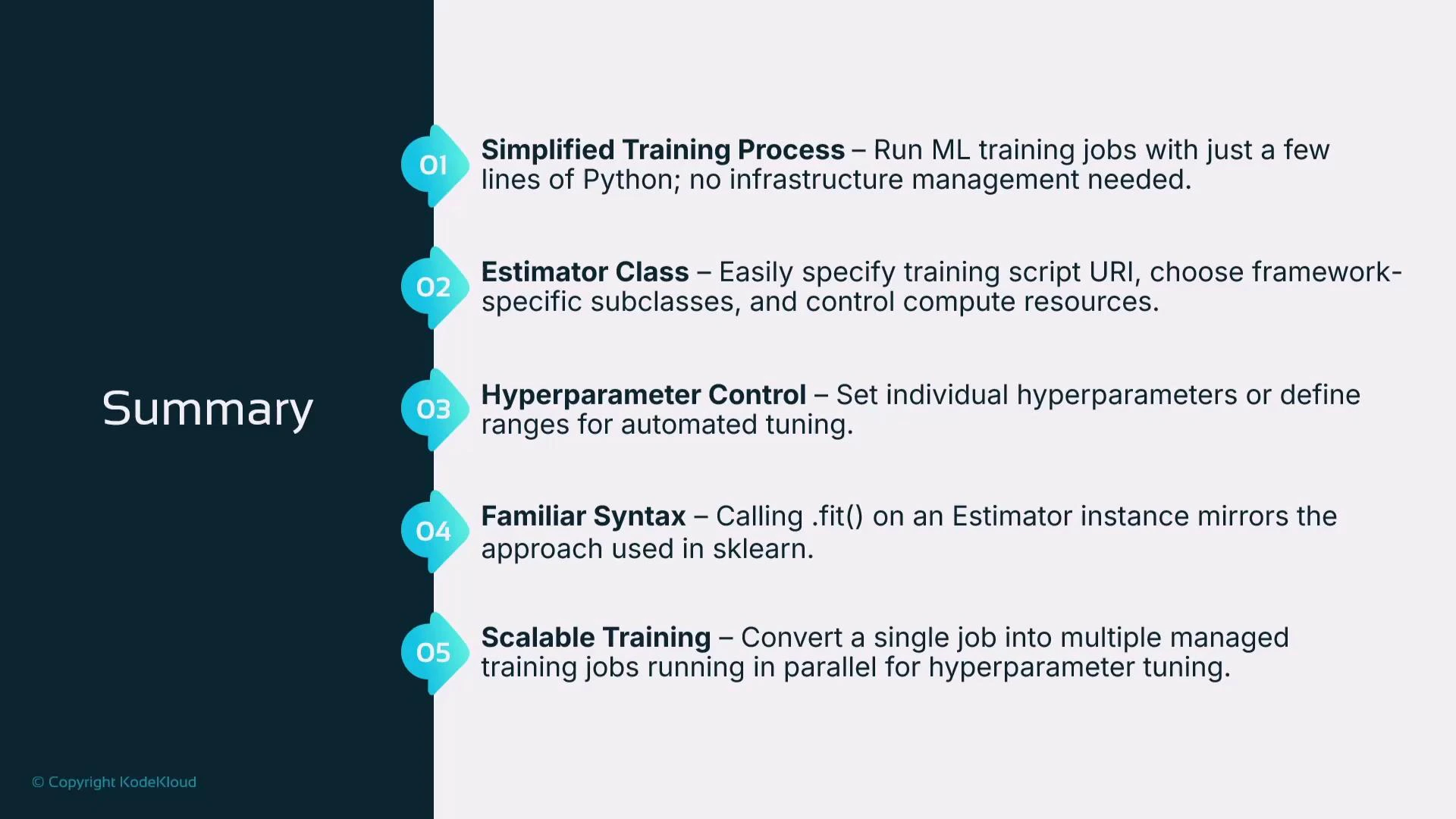 A presentation slide titled "Summary" showing five numbered points about an ML training workflow. The points highlight a simplified training process, an Estimator class, hyperparameter control, familiar .fit() syntax, and scalable training for parallel hyperparameter tuning.