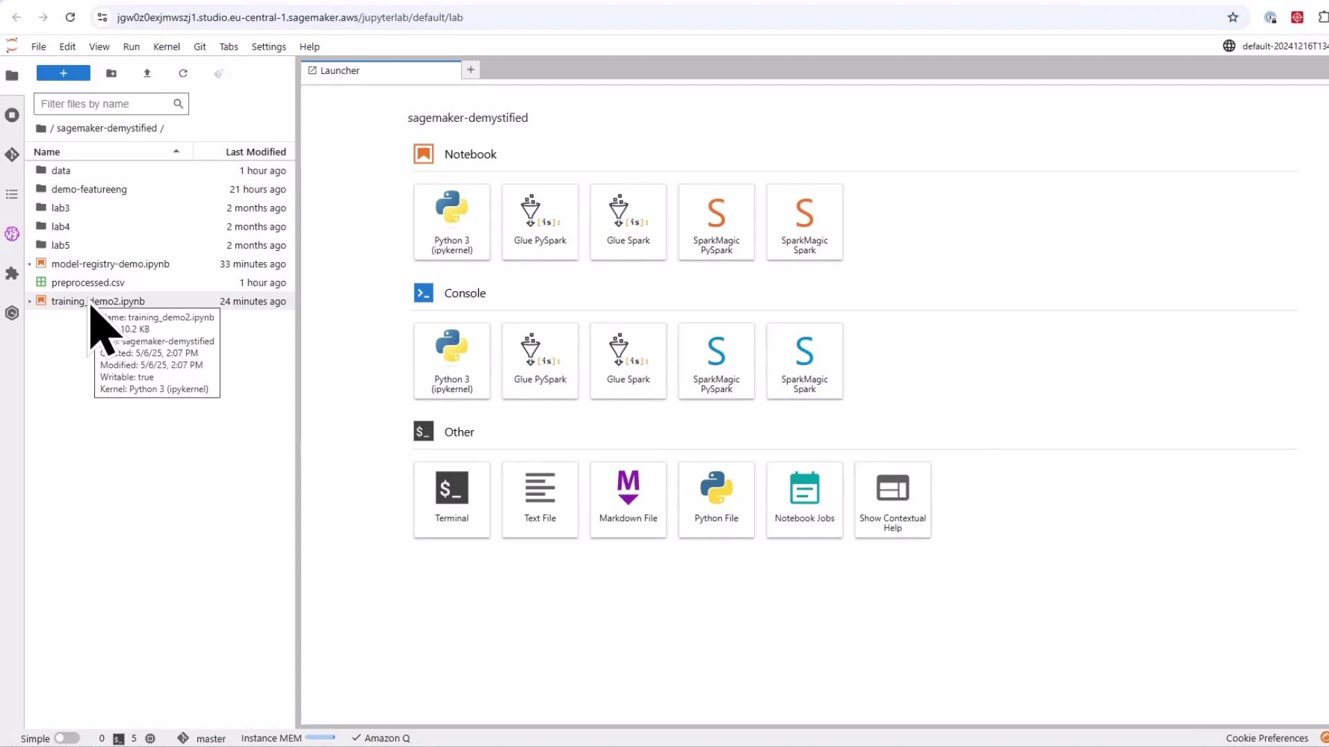Screenshot of a JupyterLab interface running in AWS SageMaker, showing the Launcher with notebook and console kernels (Python, Glue, Spark) and various file-type tiles. The left sidebar shows a file browser with a highlighted notebook file (training_demo2.ipynb).