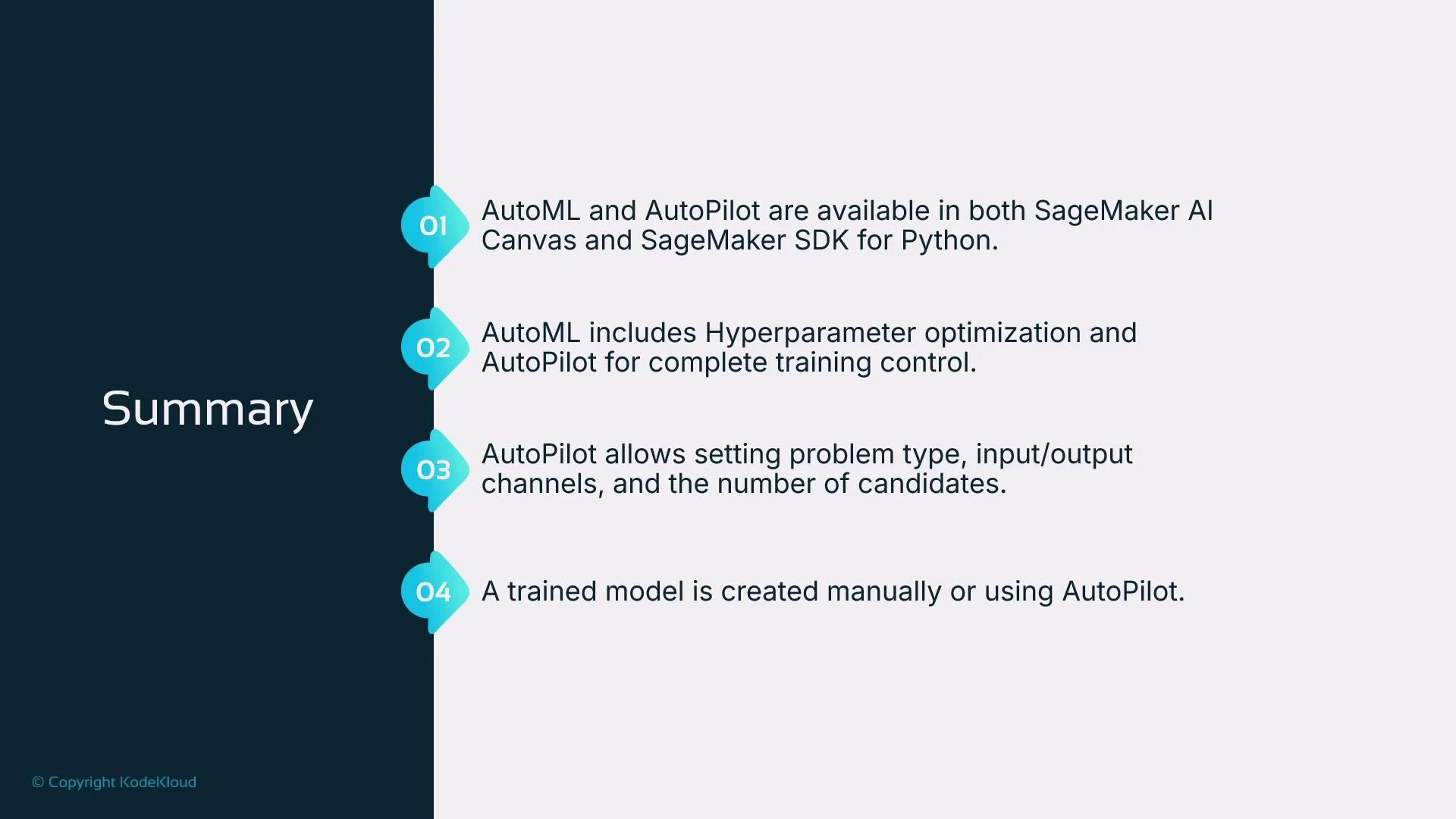 A presentation slide titled "Summary" that lists four numbered points about AutoML and AutoPilot in SageMaker. It notes availability in SageMaker AI Canvas and SDK, hyperparameter optimization and training control, settings for problem type and I/O channels, and that models can be created manually or with AutoPilot.