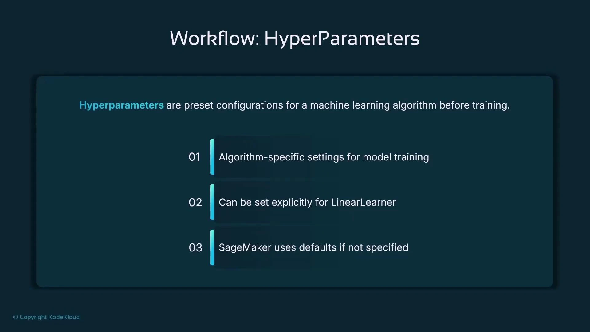 A presentation slide titled "Workflow: HyperParameters" that defines hyperparameters as preset configurations for a machine learning algorithm before training. It lists three points: algorithm-specific settings for model training; can be set explicitly for LinearLearner; and SageMaker uses defaults if not specified.