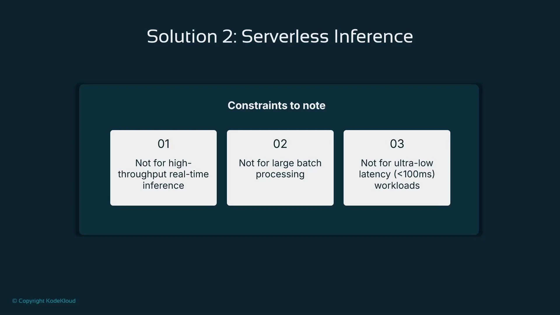 A presentation slide titled "Solution 2: Serverless Inference" showing a "Constraints to note" panel with three cards. The cards state it is not suited for high-throughput real-time inference, not for large batch processing, and not for ultra-low latency (<100 ms) workloads.