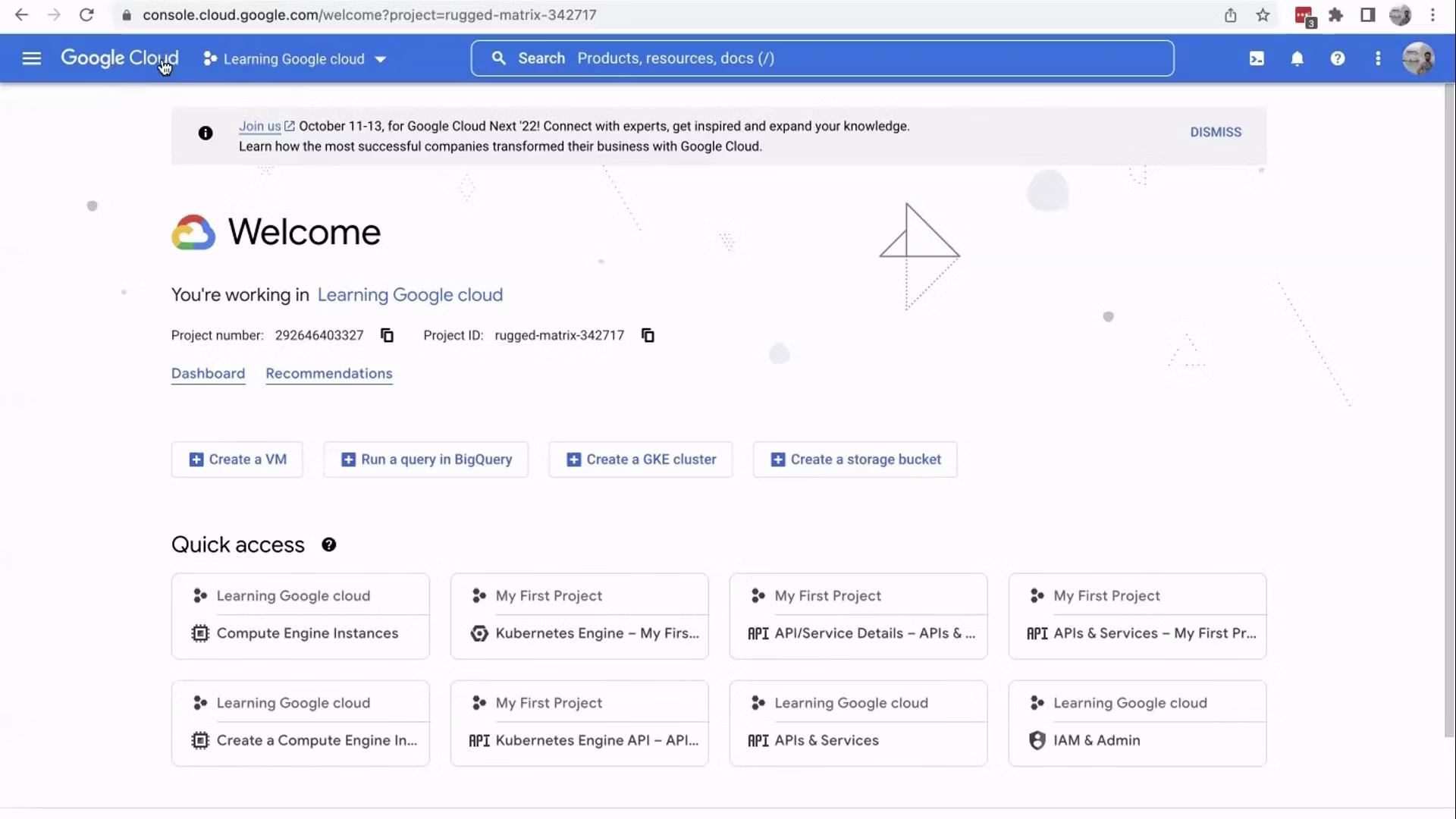 A screenshot of the Google Cloud Console welcome page for a project named "Learning Google cloud," showing the project number and project ID. Quick-access tiles and buttons are visible for creating a VM, running a BigQuery query, creating a GKE cluster, and creating a storage bucket.