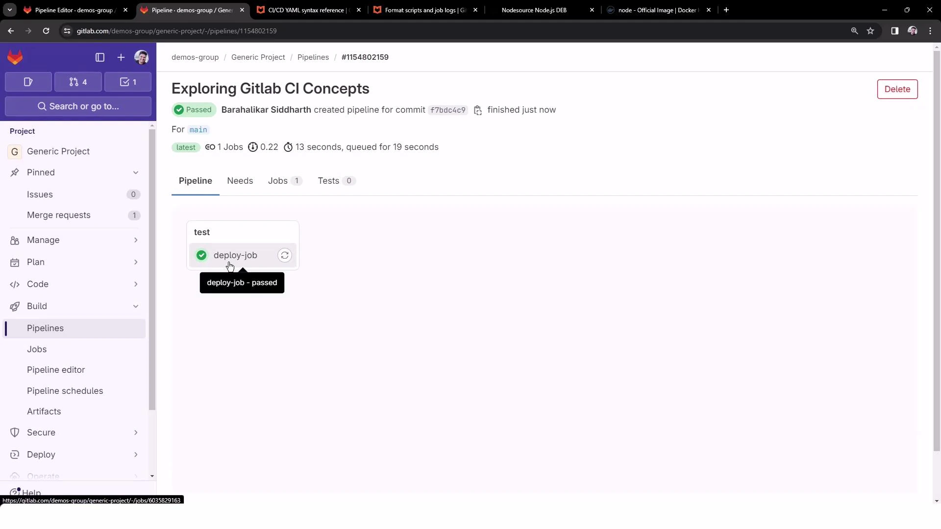 A GitLab CI pipeline page titled "Exploring Gitlab CI Concepts" showing a passed pipeline with a green check and a successful "deploy-job" box, plus the project's left navigation sidebar.