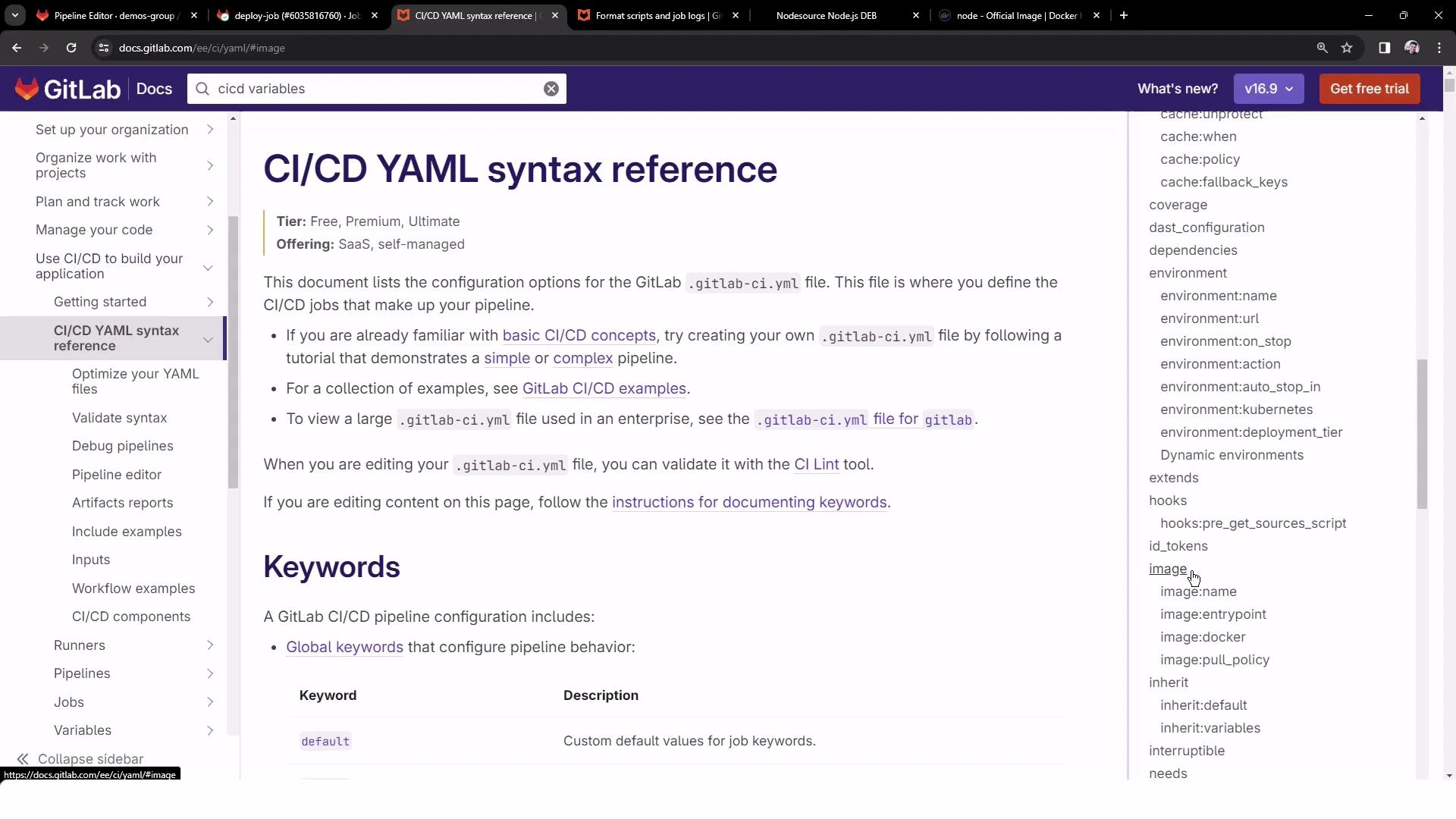 A browser screenshot of the GitLab Docs page titled "CI/CD YAML syntax reference," showing navigation menus on the left, the main documentation content in the center, and a keyword index on the right.