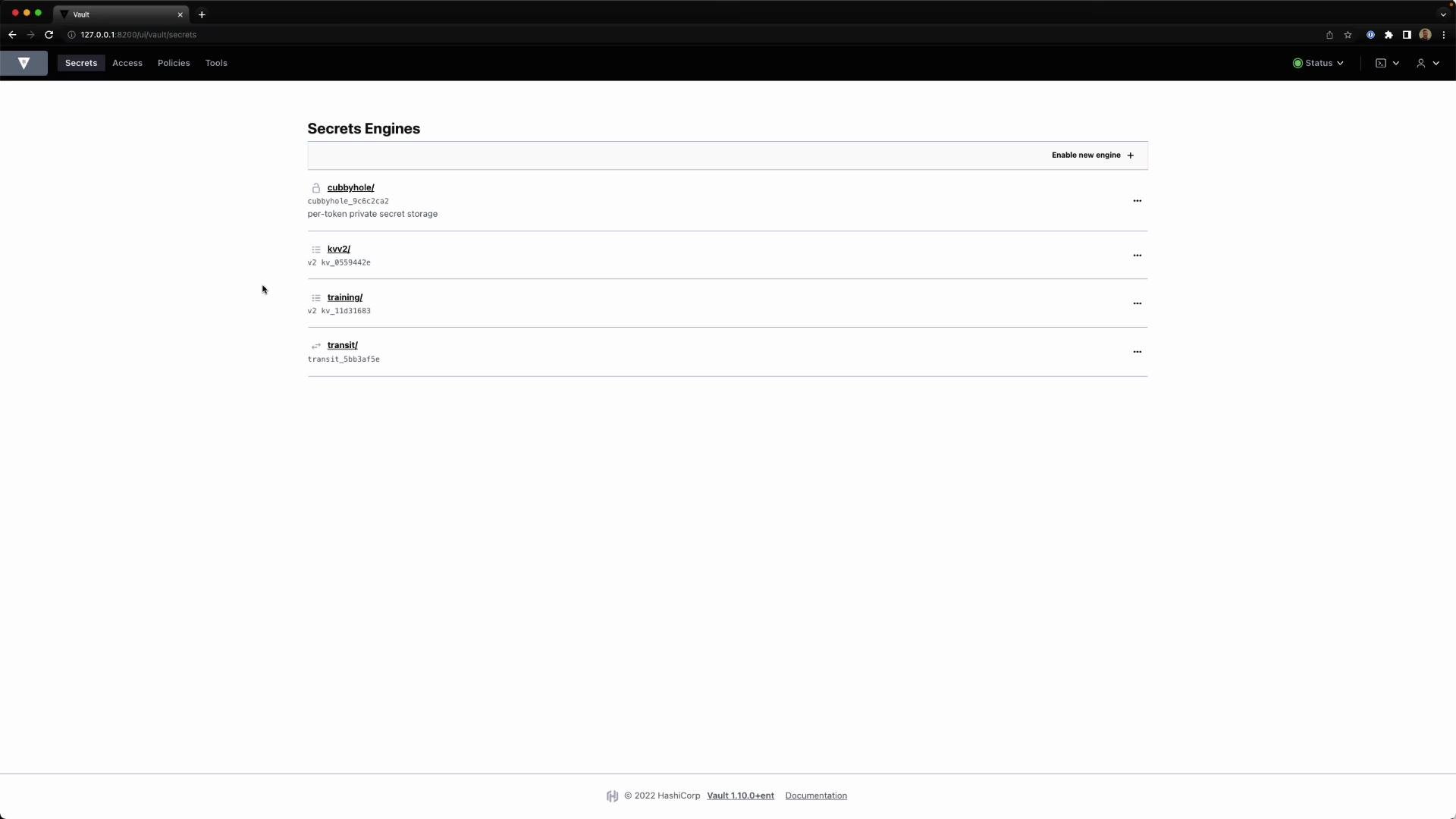 A screenshot of the HashiCorp Vault web UI on the "Secrets Engines" page showing a list of enabled secret engines (cubbyhole, kv v2, training, transit). The page includes a top navigation bar and a footer with the Vault version.