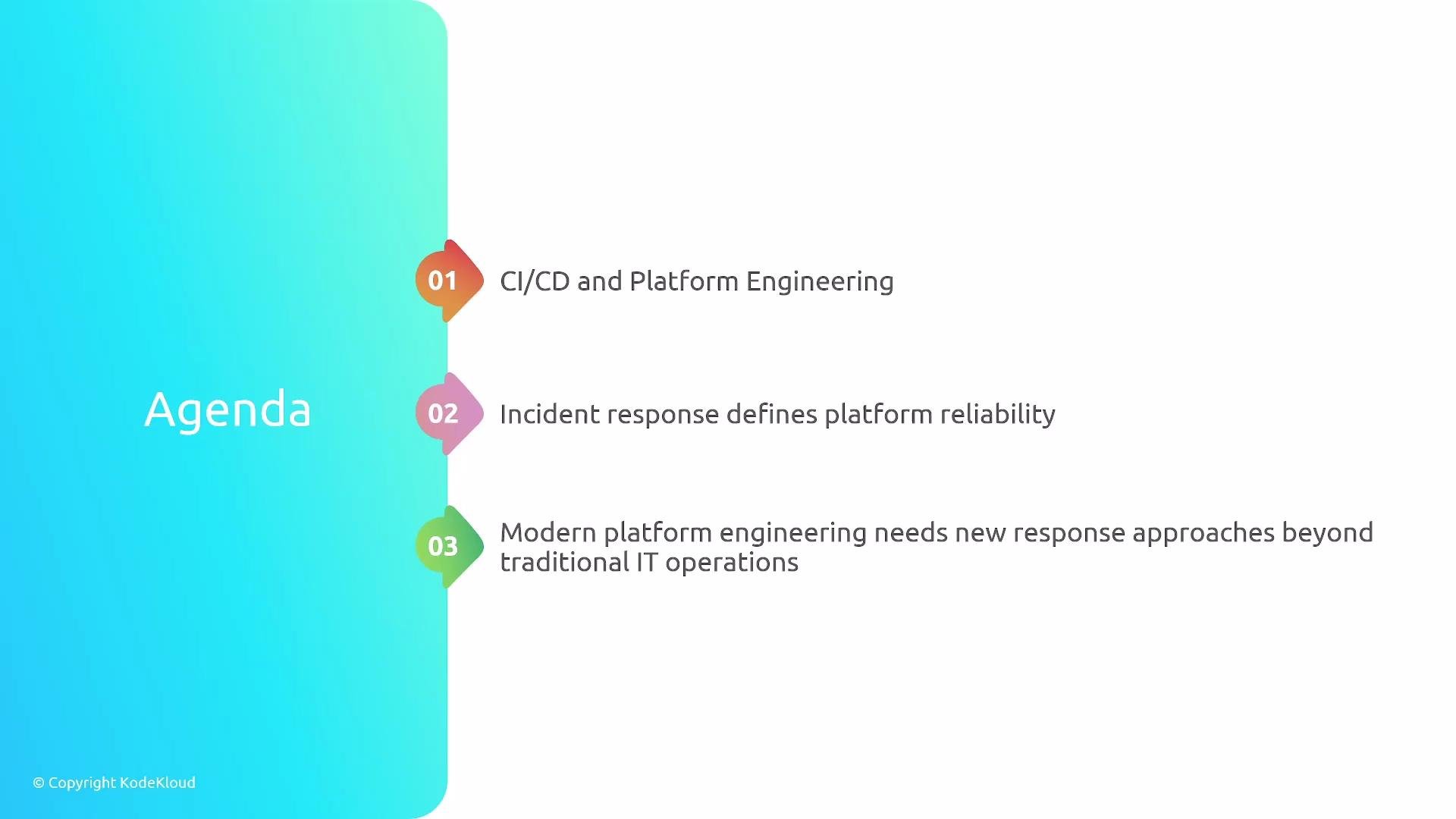 The image displays an agenda list for a presentation, covering topics like CI/CD and platform engineering, incident response defining platform reliability, and modern platform engineering requiring new approaches beyond traditional IT operations.