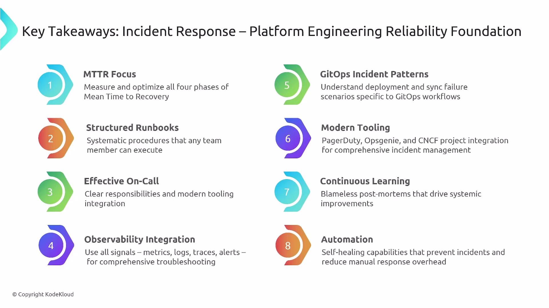 The image outlines eight key takeaways for Incident Response within a Platform Engineering Reliability Foundation, including MTTR focus, structured runbooks, and automation. Each point is briefly explained, emphasizing aspects like on-call effectiveness, observability integration, and continuous learning.