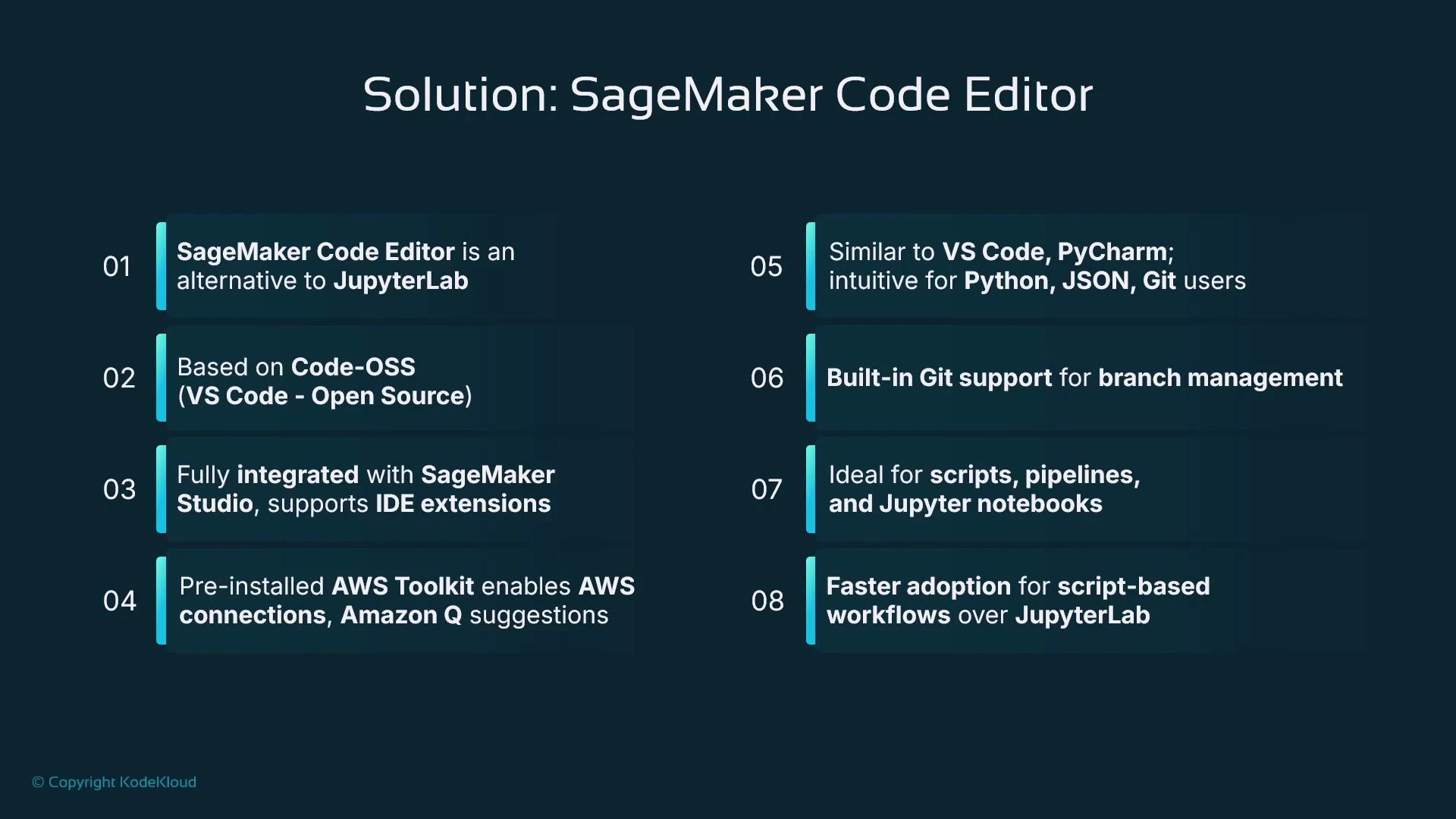A presentation slide titled "Solution: SageMaker Code Editor" that lists eight numbered feature points. It highlights that the editor is Code‑OSS/VS Code–based, integrated with SageMaker Studio and AWS Toolkit, has built‑in Git, and is suited for scripts, pipelines and Jupyter notebooks.