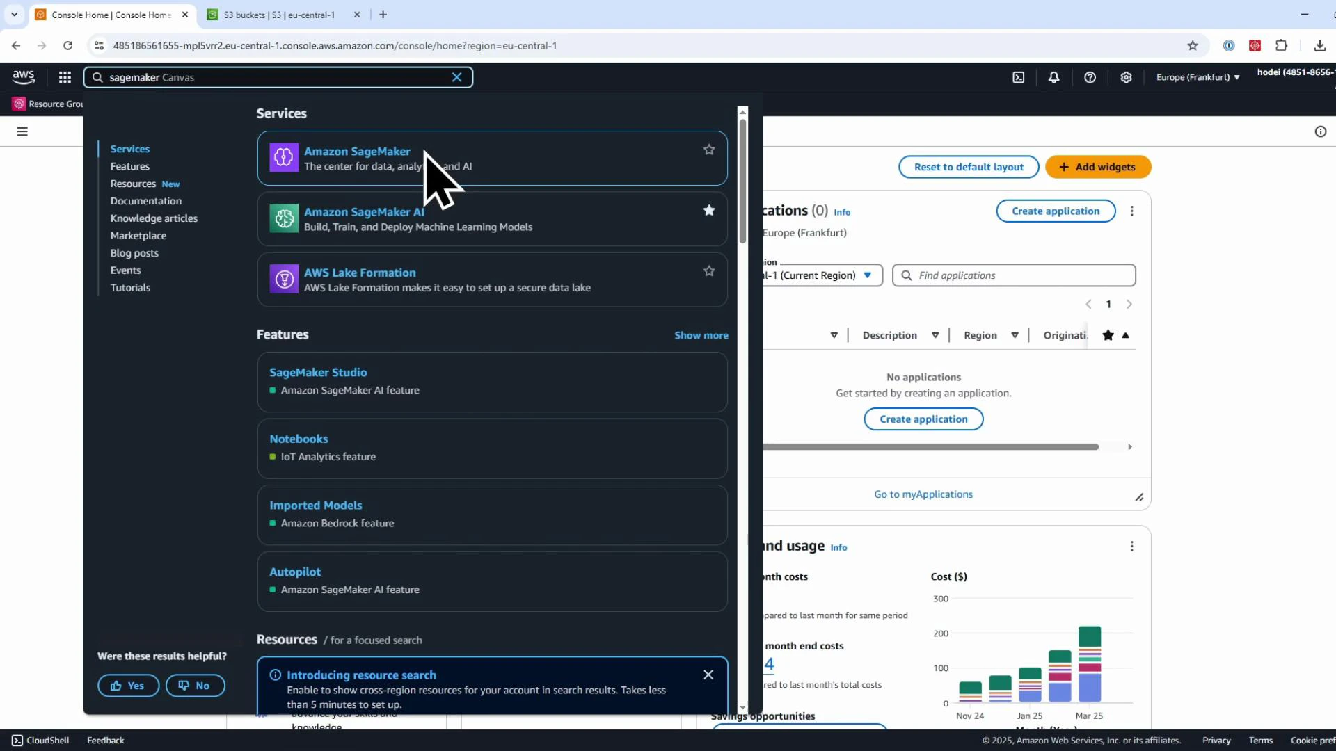 A screenshot of the AWS web console showing search results with a dark sidebar highlighting "Amazon SageMaker" (cursor pointing at it) and related features like SageMaker Studio. The right pane shows the account dashboard with a "Create application" button and a cost/usage chart.