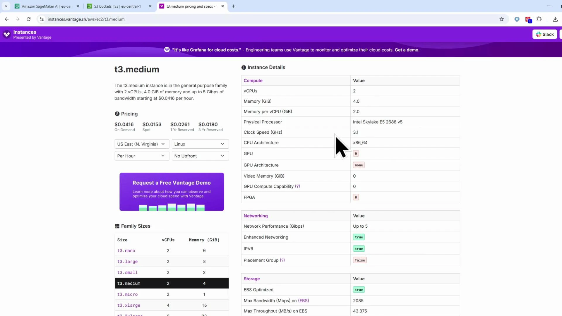 A webpage screenshot showing specifications and pricing for the AWS t3.medium EC2 instance. It lists details like 2 vCPUs, 4 GiB memory, clock speed, networking/storage info, and hourly prices.
