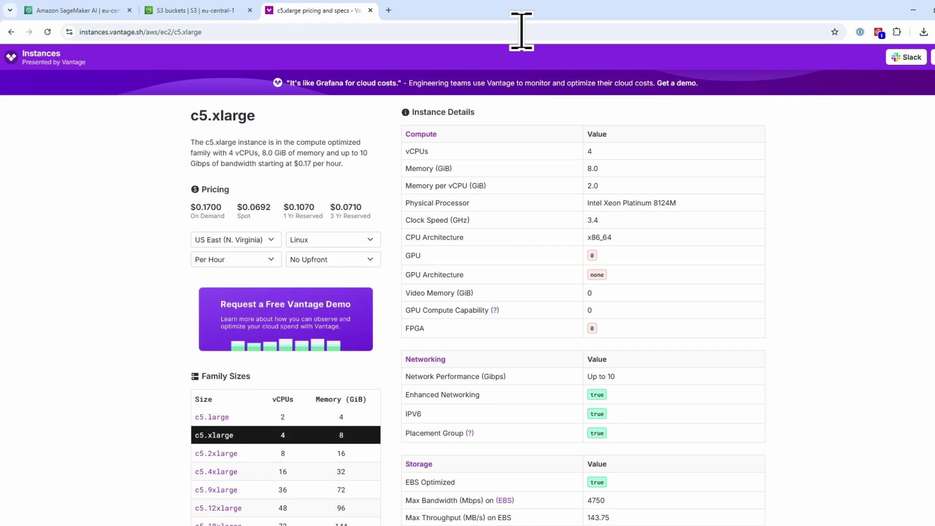 A webpage screenshot for the c5.xlarge AWS EC2 instance showing pricing and family sizes on the left and a detailed specs table on the right (4 vCPUs, 8 GiB memory, clock speed, networking and storage info). The page appears to be from a Vantage instance/pricing viewer.