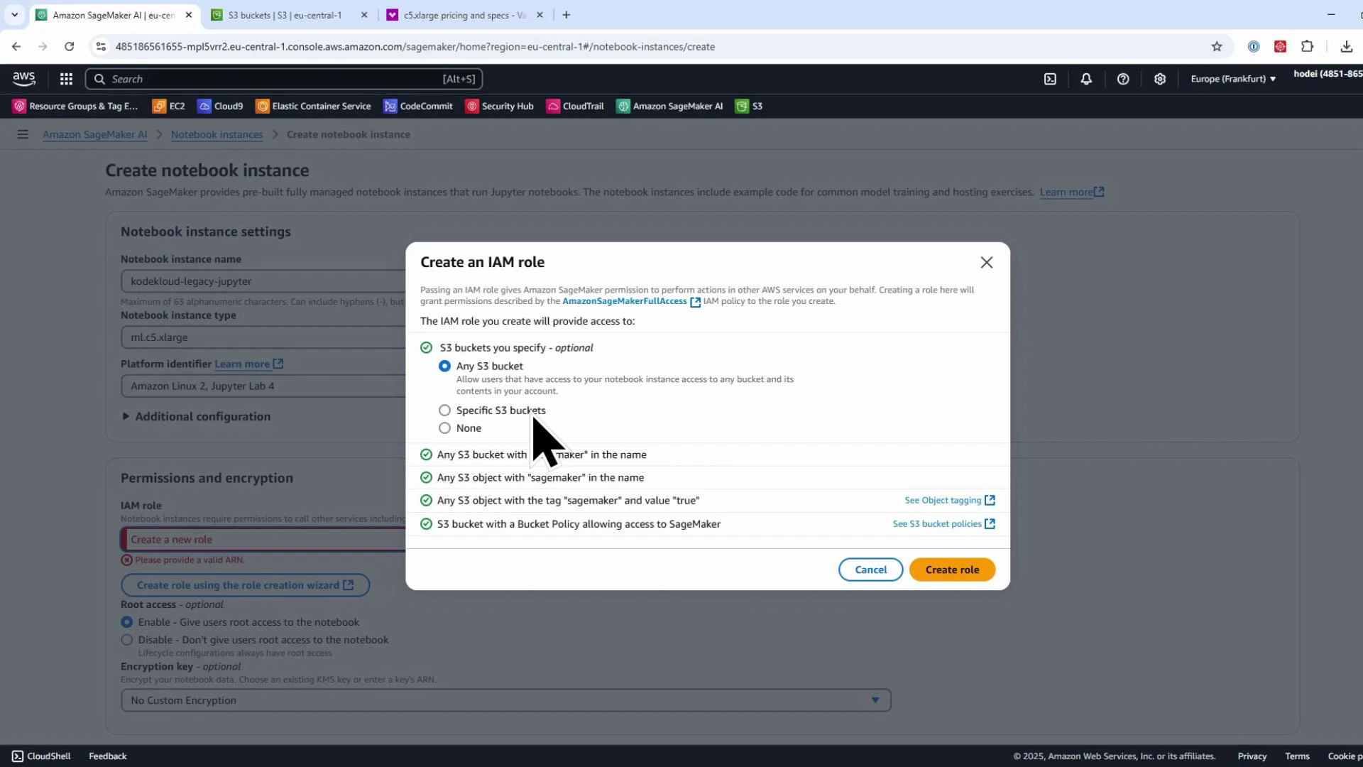 A screenshot of the AWS SageMaker "Create notebook instance" page with a modal dialog titled "Create an IAM role" listing S3 access options. A large cursor is pointing at the "Any S3 bucket" option in the dialog.