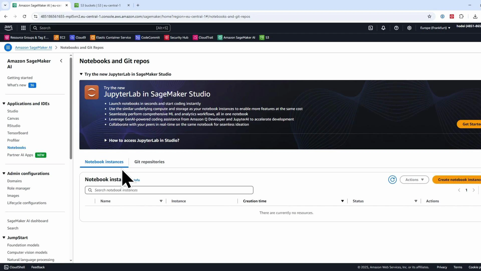 A screenshot of the Amazon SageMaker console on the "Notebooks and Git repos" page with a large banner promoting JupyterLab in SageMaker Studio. The Notebook instances panel is shown (empty) along with a left-side navigation for Applications, IDEs, and admin configurations.