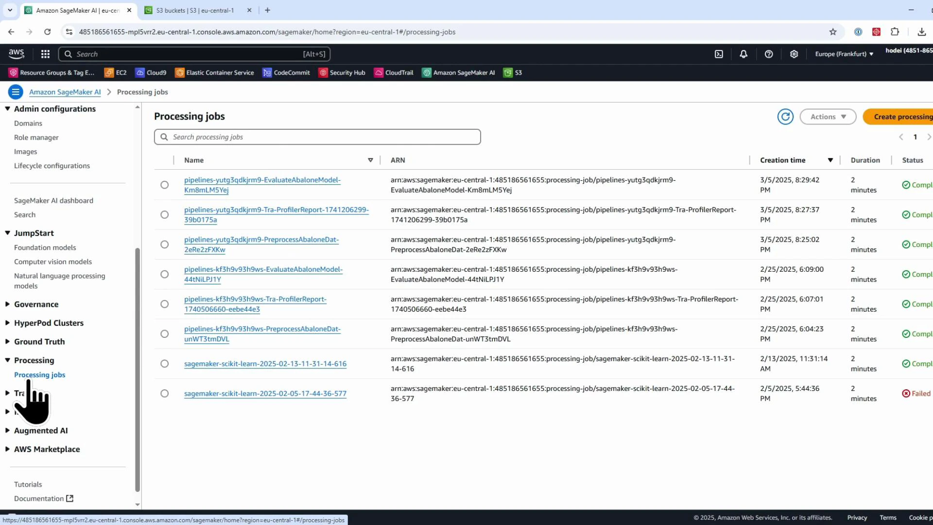 A screenshot of the Amazon SageMaker console showing a "Processing jobs" list with job names, ARNs, creation times, durations and status indicators. The left navigation pane displays sections like Admin configurations, JumpStart and Processing.
