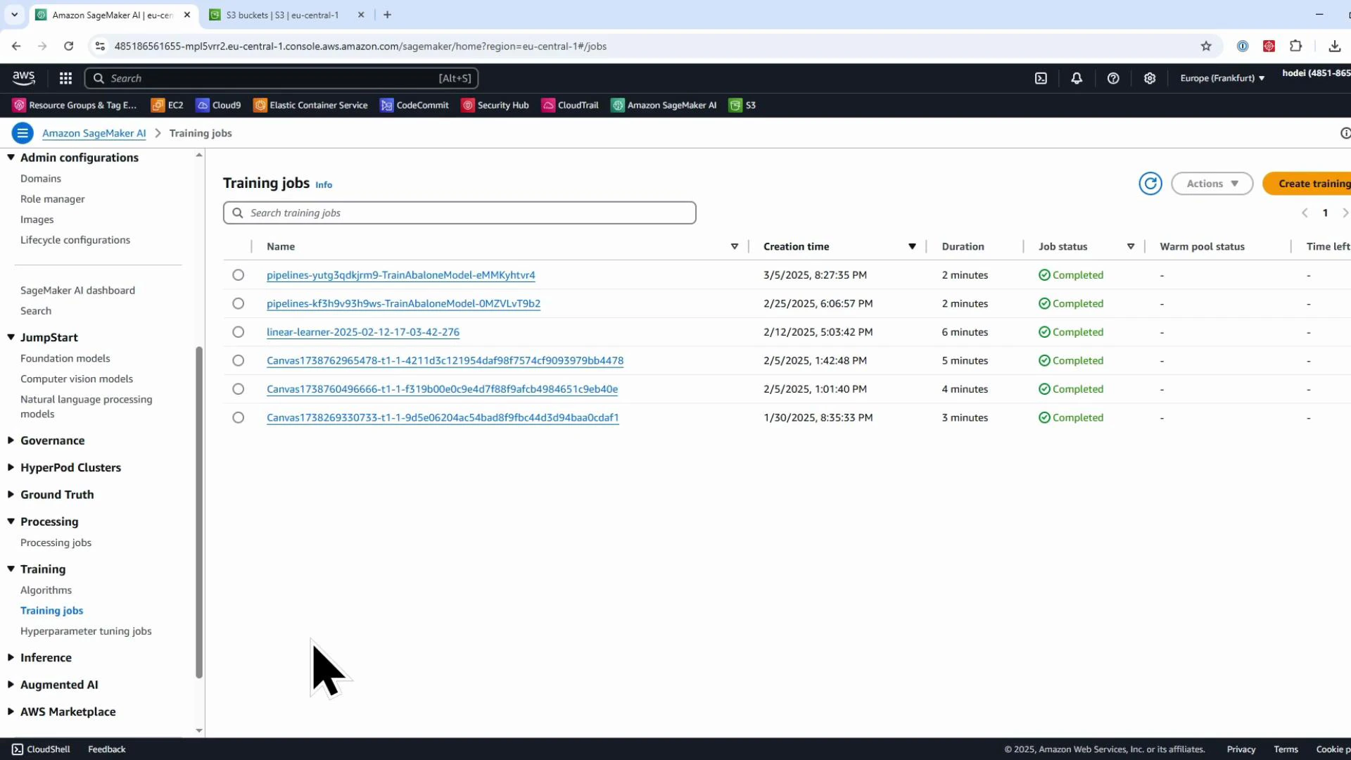 A screenshot of the Amazon SageMaker console showing the "Training jobs" page with a list of training job names, creation times, durations and "Completed" job statuses. The left sidebar shows SageMaker menu items like Admin configurations, JumpStart, Training and Inference.