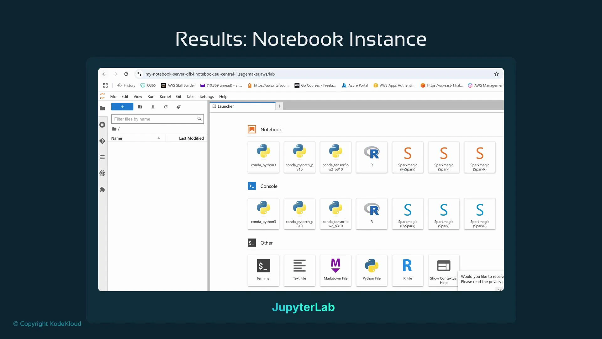 A screenshot of a JupyterLab interface inside a browser, showing the Launcher with notebook and console kernel options (conda Python, R, Spark) and a file browser pane. The image is titled "Results: Notebook Instance" with "JupyterLab" labeled below.