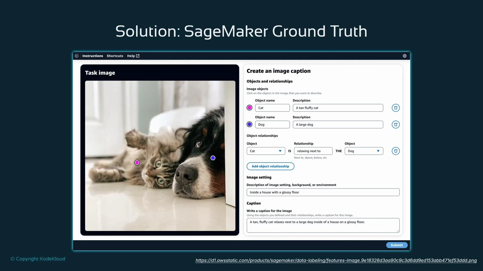 A screenshot of the "Solution: SageMaker Ground Truth" labeling interface, showing form fields to create an image caption. The task image displays a fluffy tan cat relaxing next to a large dog inside a house.