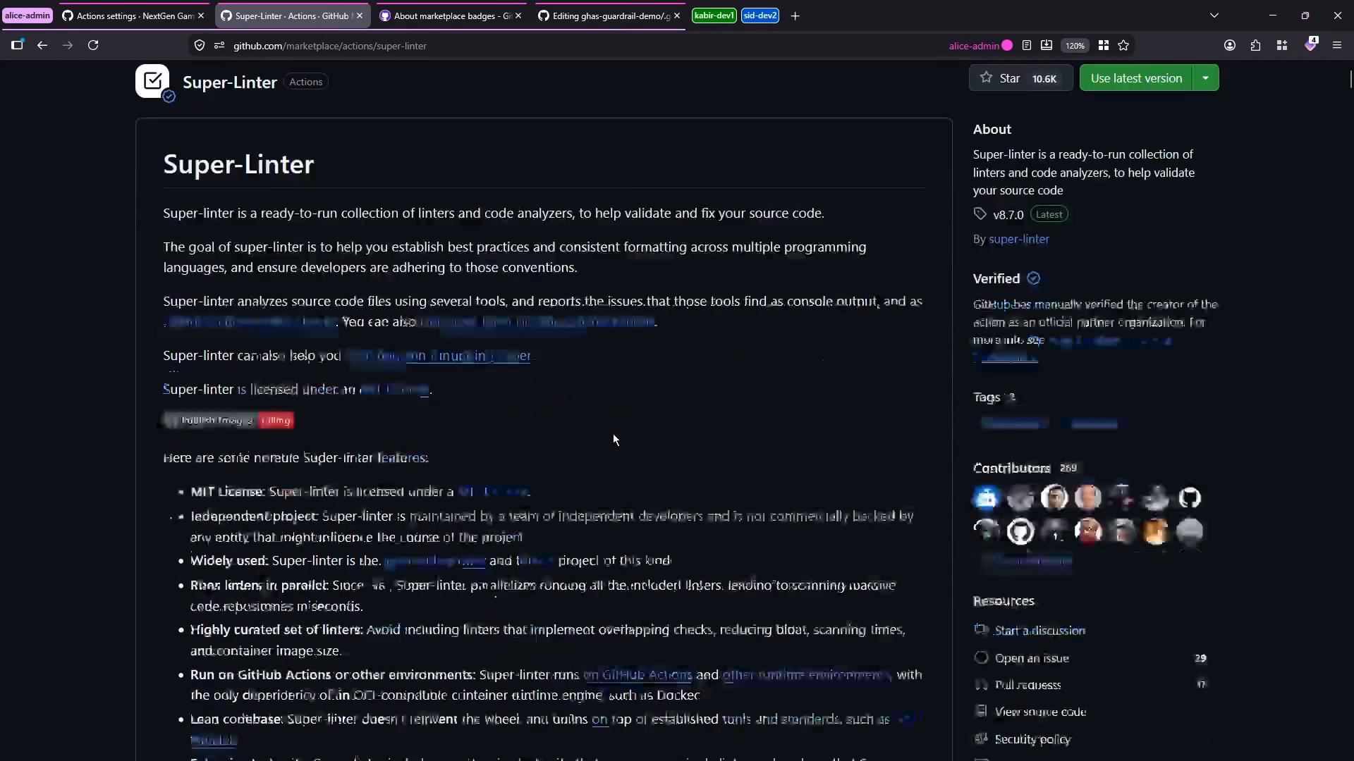 A dark-mode screenshot of the GitHub Marketplace page for the "Super-Linter" action. It shows the project title and description on the left and a sidebar on the right with version, verification badge, contributors and resources.