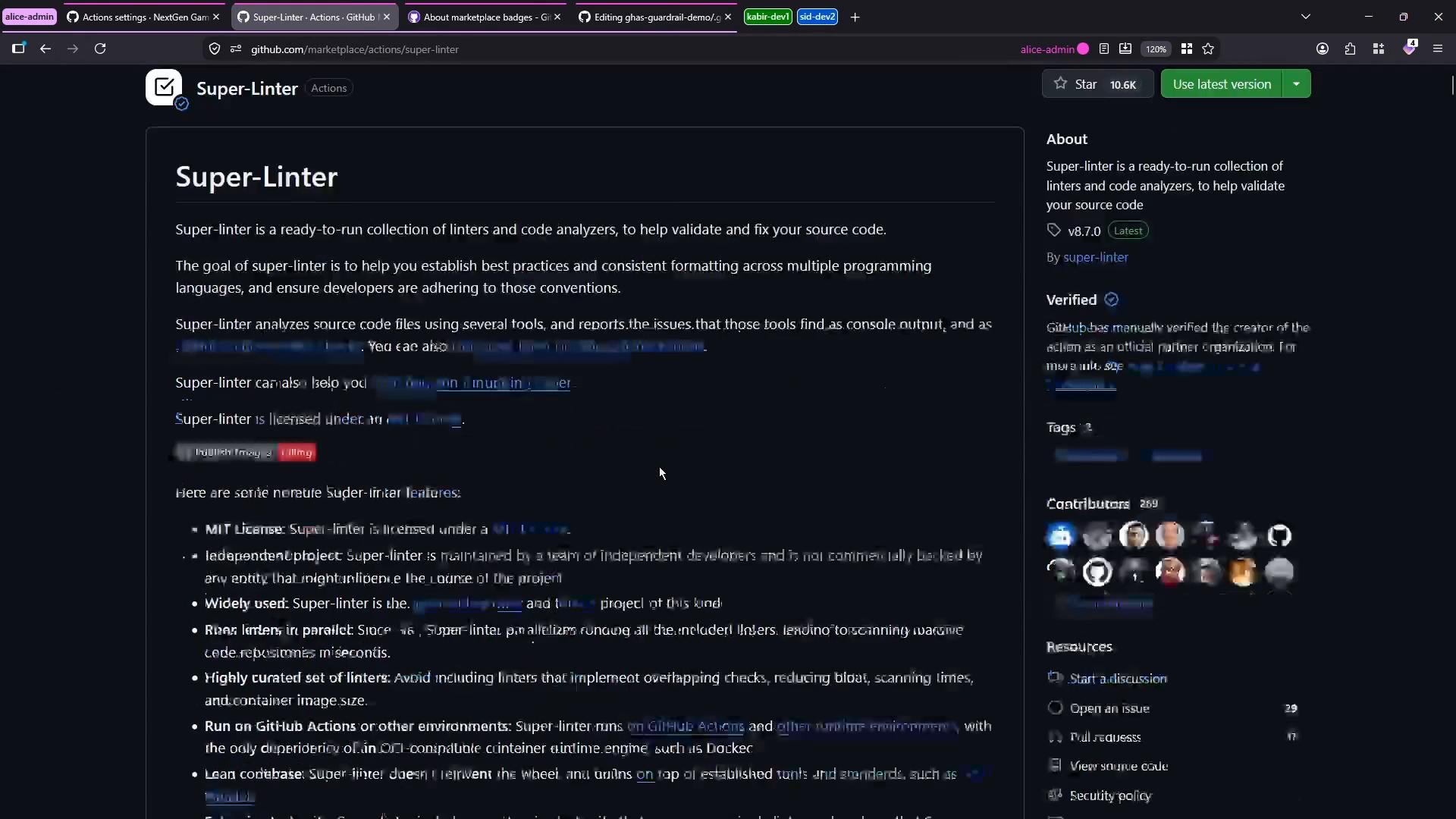A dark-mode screenshot of the GitHub Marketplace page for the "Super-Linter" action. It shows the project title and description on the left and a sidebar on the right with version, verification badge, contributors and resources.