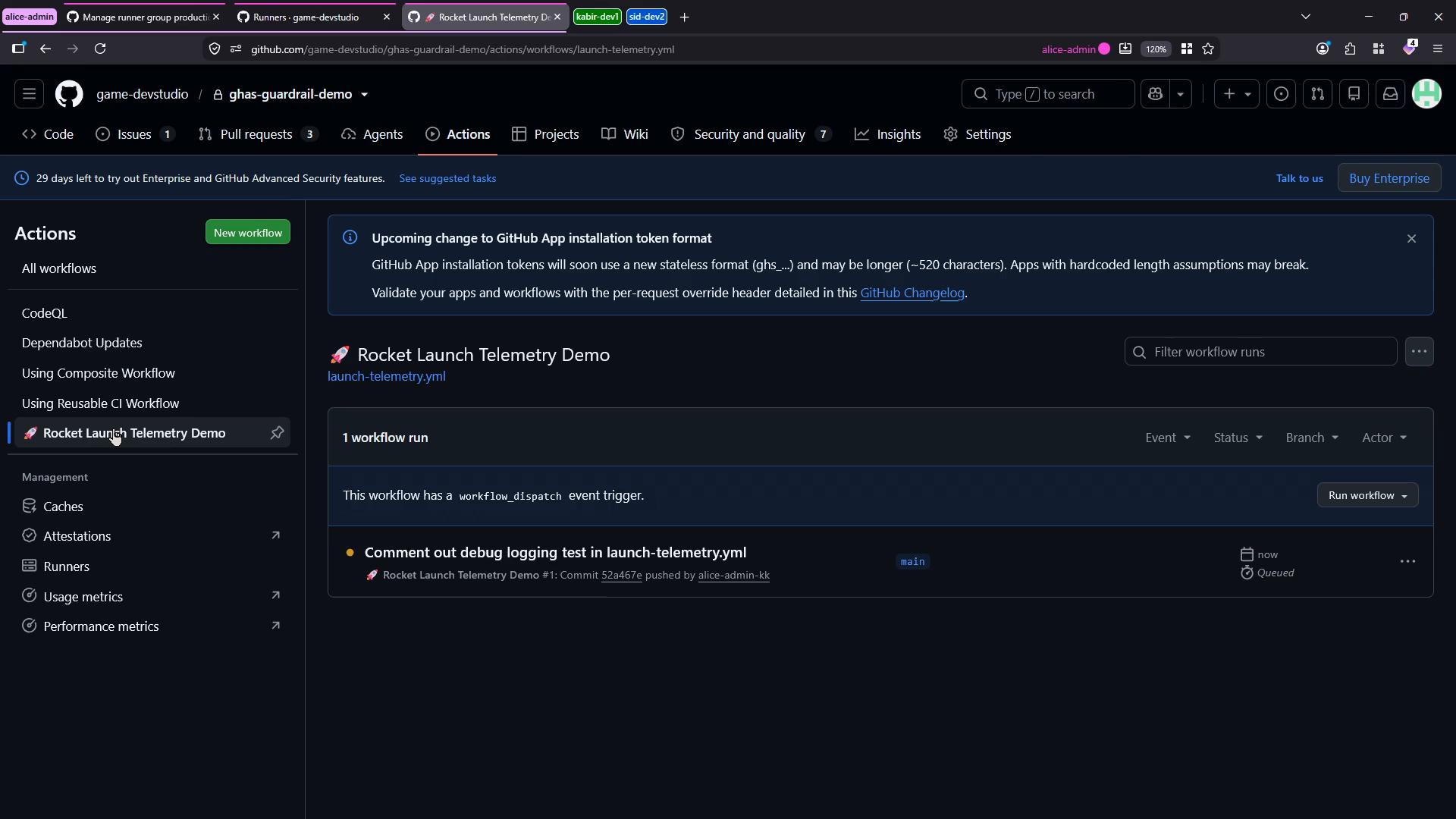 A dark-themed GitHub Actions page for a repository, showing the "Rocket Launch Telemetry Demo" workflow with its run history and a notice about an upcoming GitHub App installation token format change. The left sidebar lists other workflows and management options like Caches and Runners.